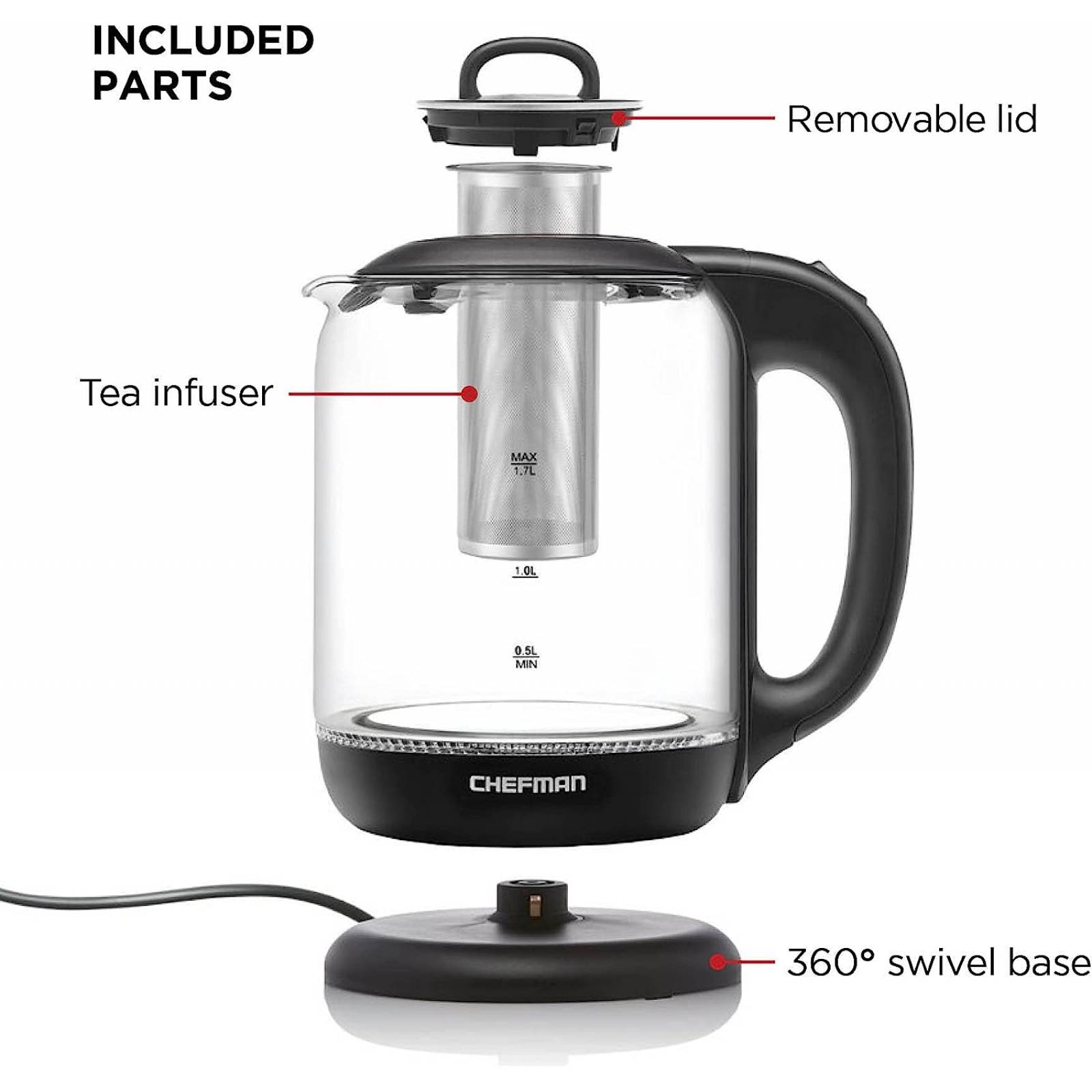 Hervidor Eléctrico de Cristal con Infusor de té 1.7 litros Chefman rj11-17-gm-ti
