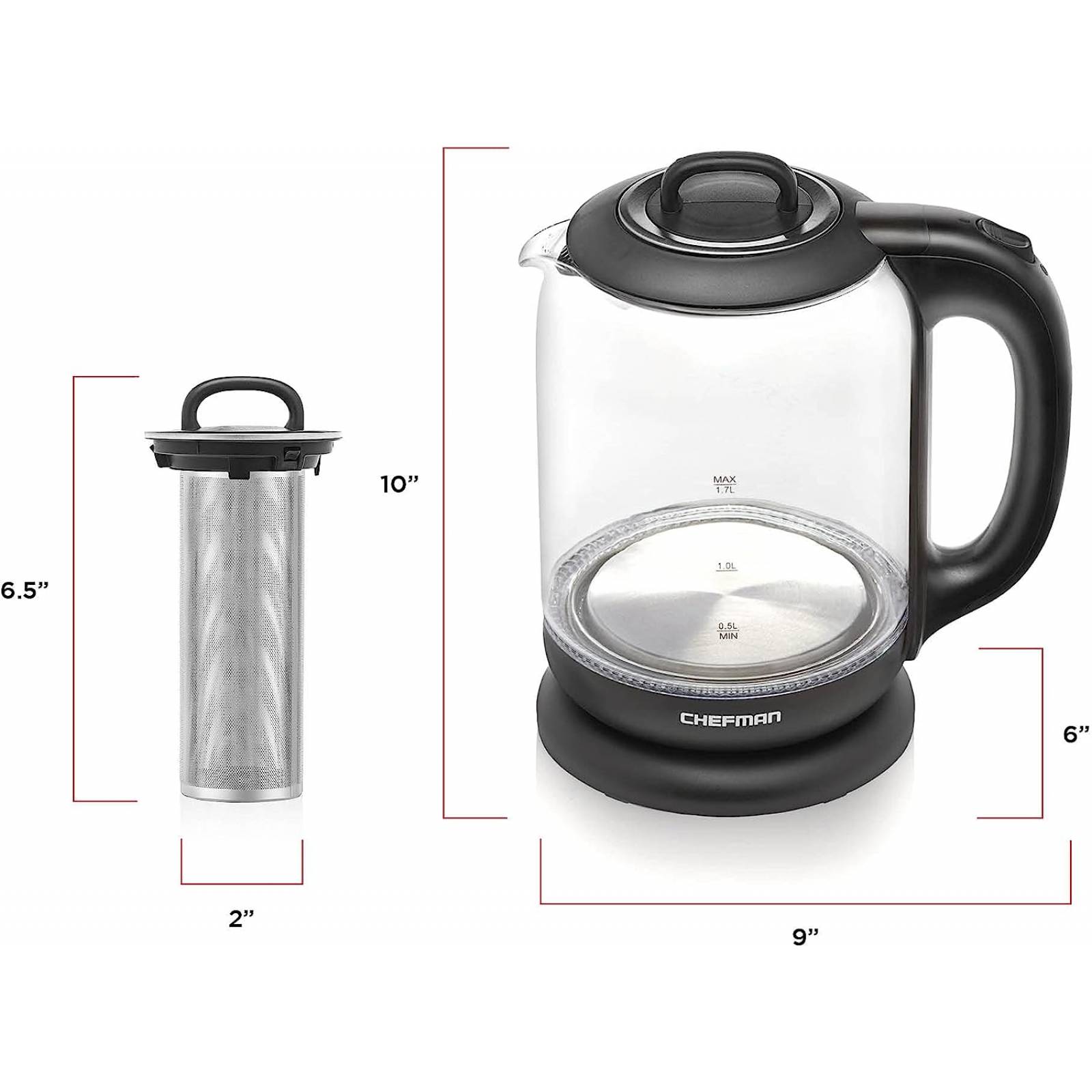 Hervidor Eléctrico de Cristal con Infusor de té 1.7 litros Chefman rj11-17-gm-ti