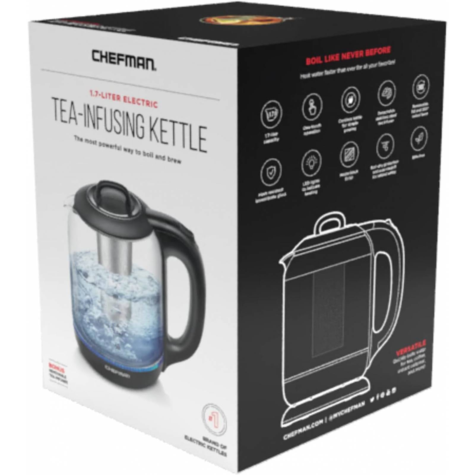Hervidor Eléctrico de Cristal con Infusor de té 1.7 litros Chefman rj11-17-gm-ti