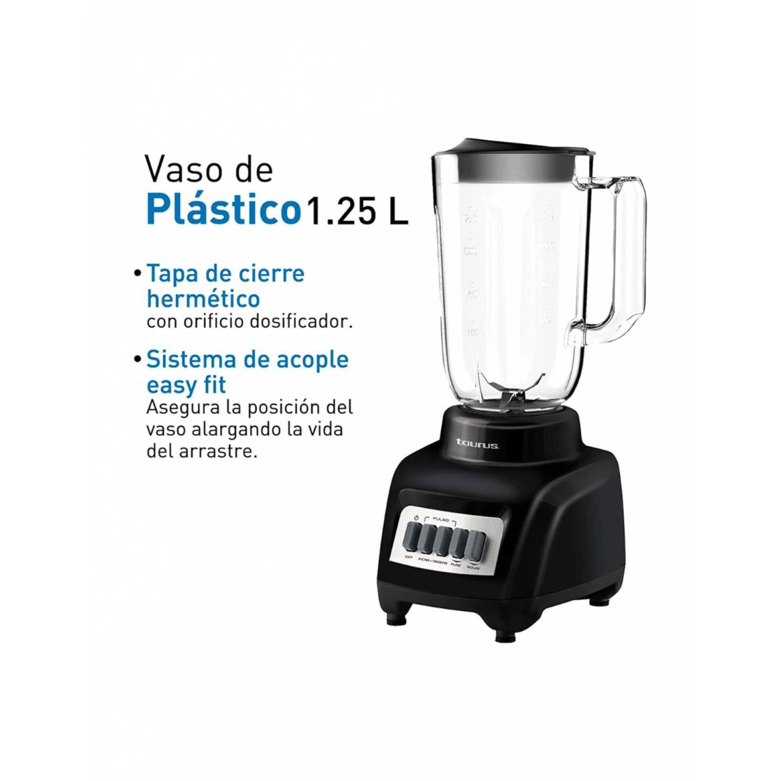 Taurus Haley Licuadora Vaso Plástico 1.25 Litros, 4 Velocidades 350W, Cuchillas de Acero Inoxidable Color Negro