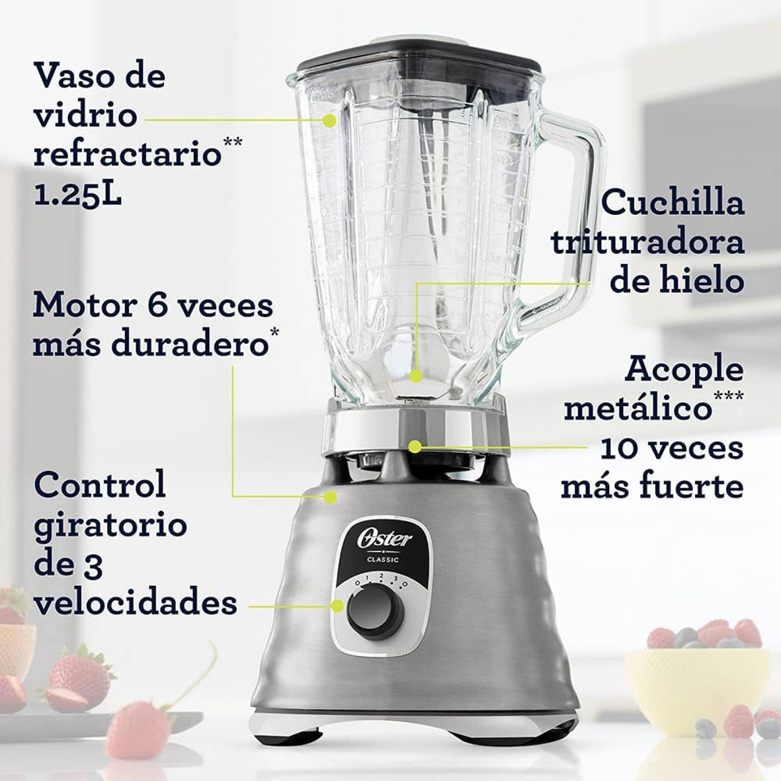 Licuadora clásica Oster® cromada 3 velocidades con perilla