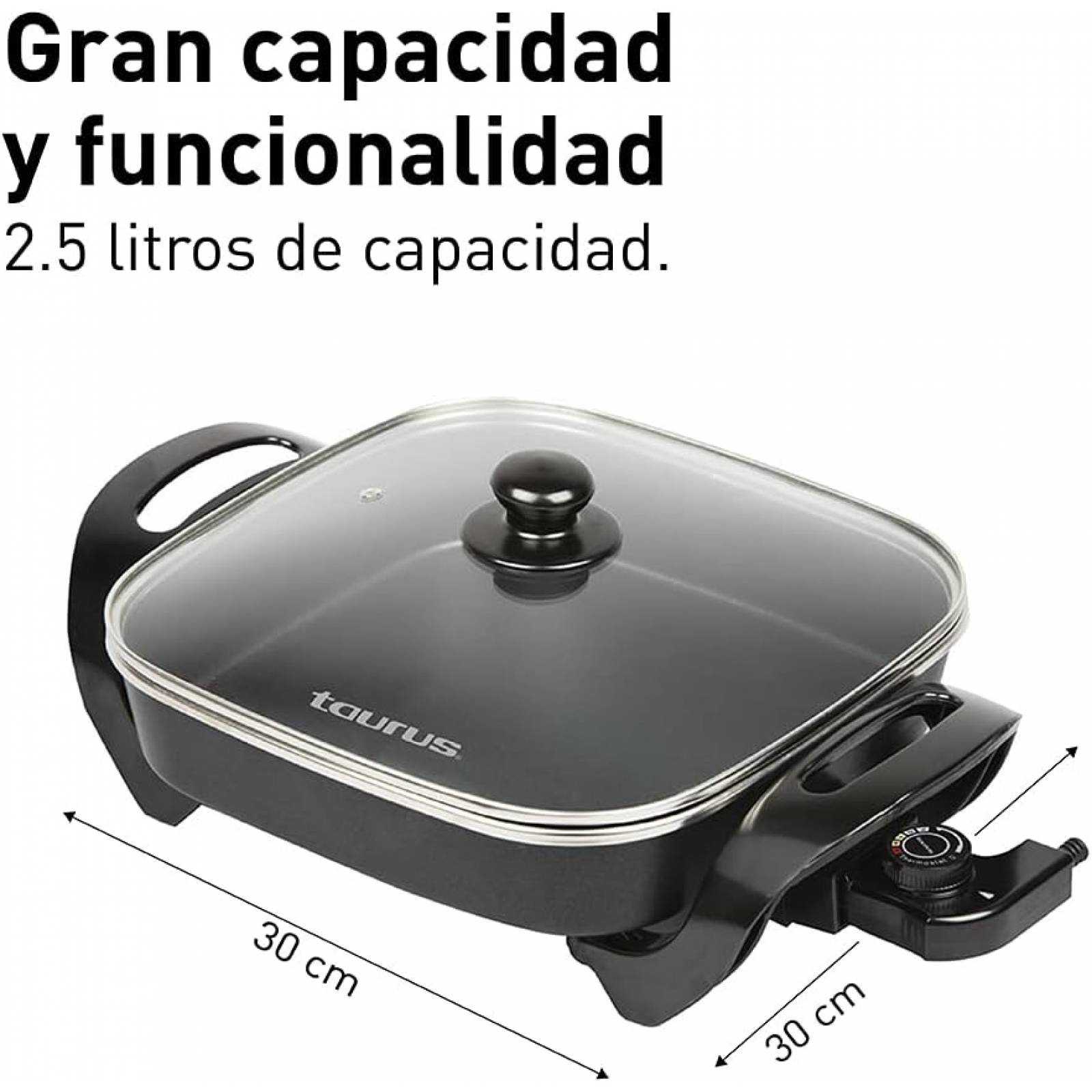Sartén Eléctrico C/Tapa de Vidrio Recubrimiento Antiadherente 30 cm y 2,5 Litros de Capacidad Taurus