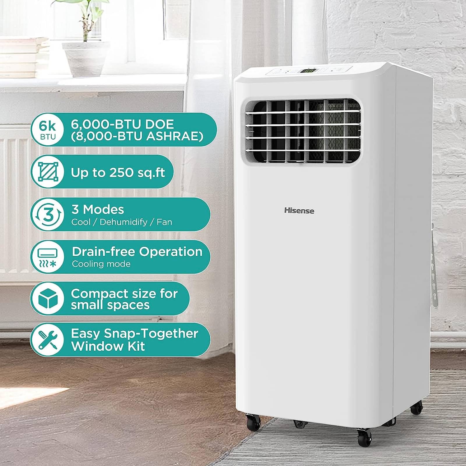 Hisense 6000-Btu Doe (8000-btu ashrae) 115-Volt White Vented Portable Air Conditioner