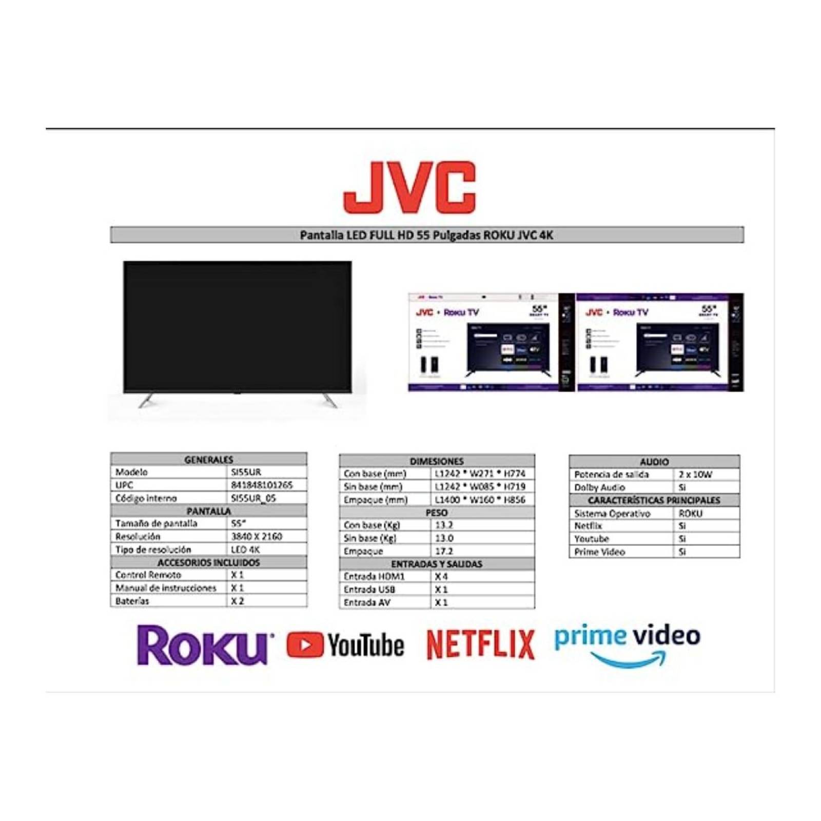 Pantalla 55 Pulgadas JVC Led Roku TV 4K Ultra HD SI55UR