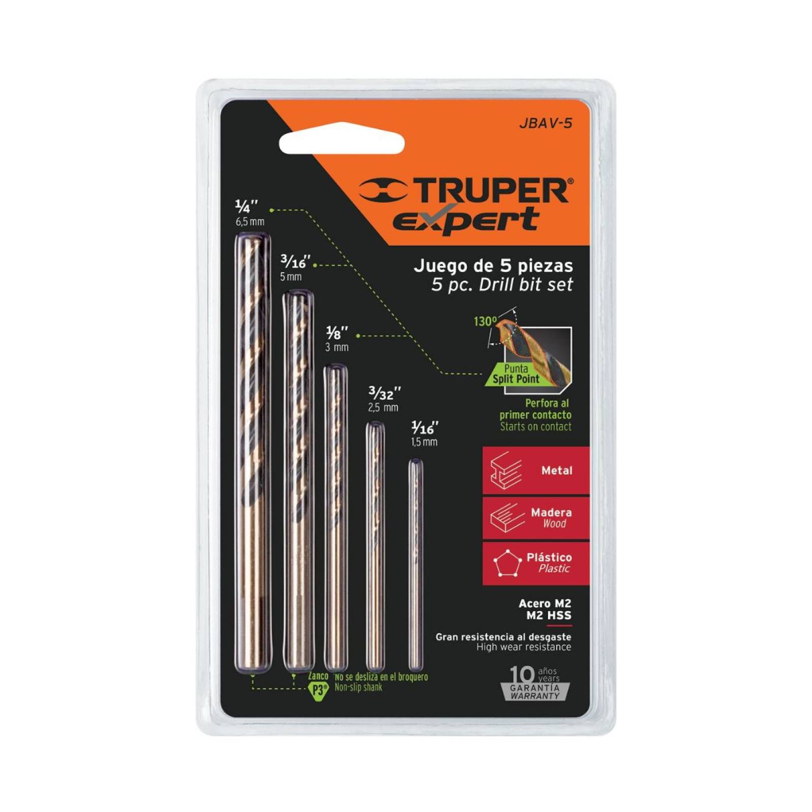 JUEGO DE 5 BROCAS HSS PARA METAL, TRUPER EXPERT