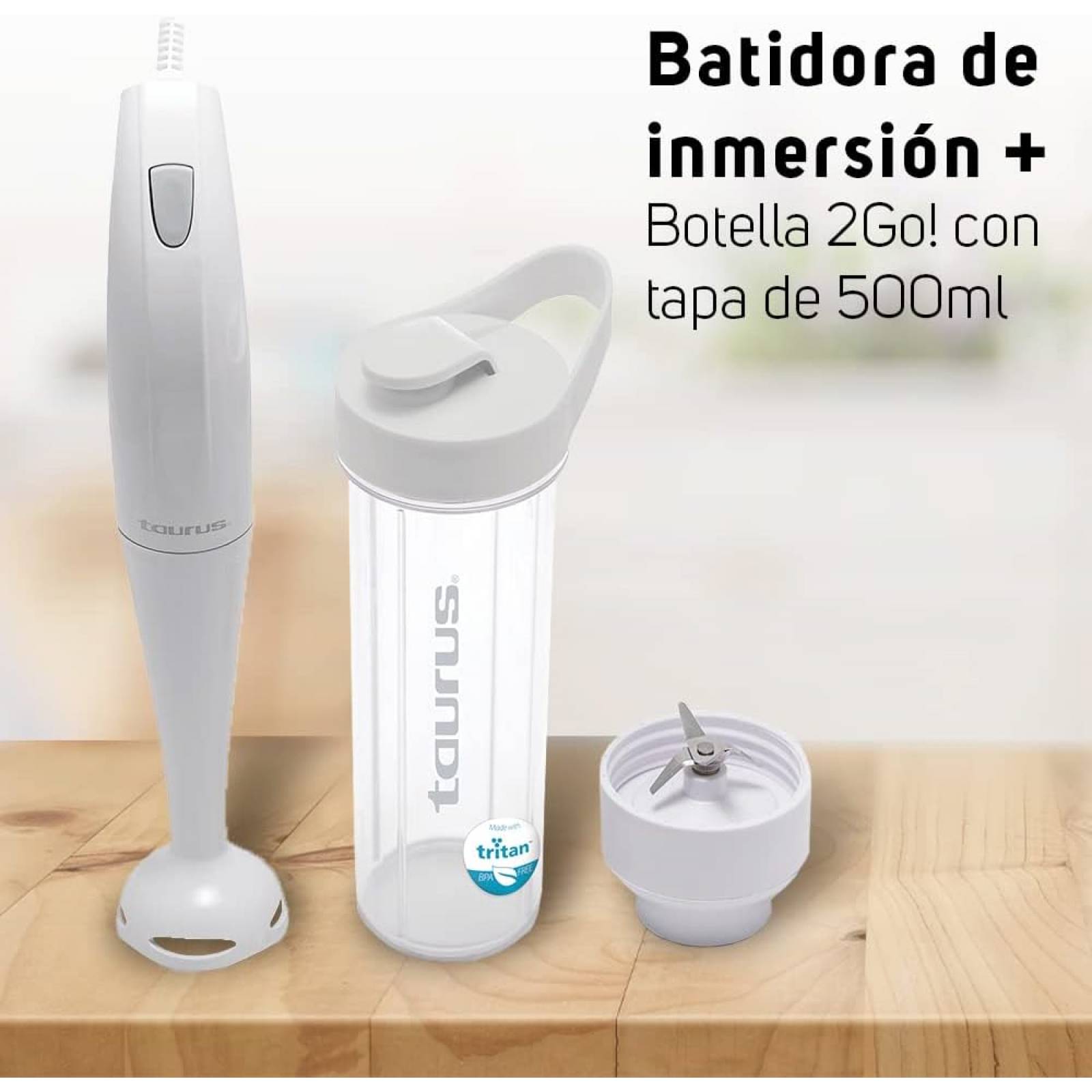 BATIDORA DE INMERSIÓN + BOTELLA 2GO DE 500 ML TAURUS REMOLINE