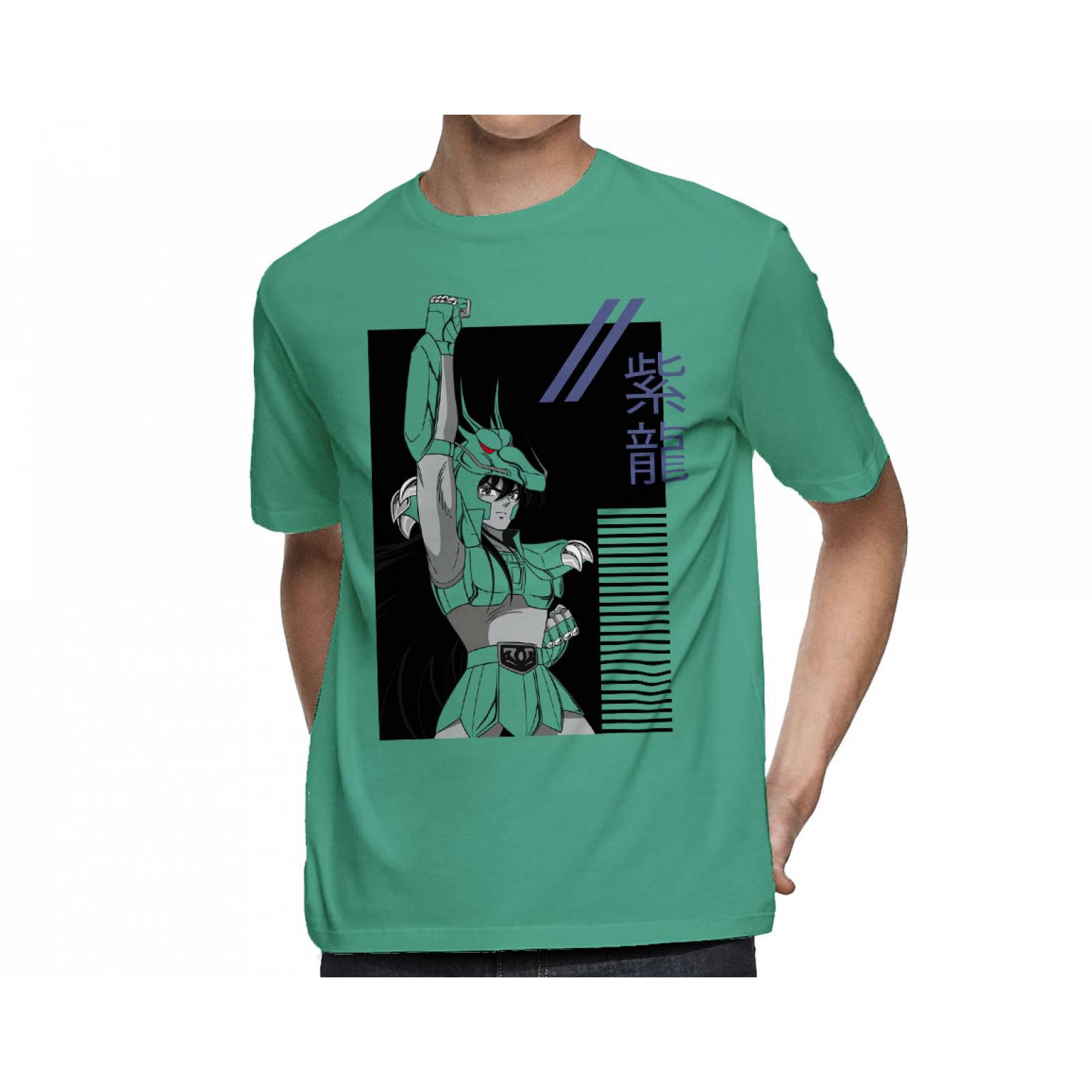 Playera para Hombre de Caballeros del Zodiaco, Dragon Shiryu, Verde, Talla EG