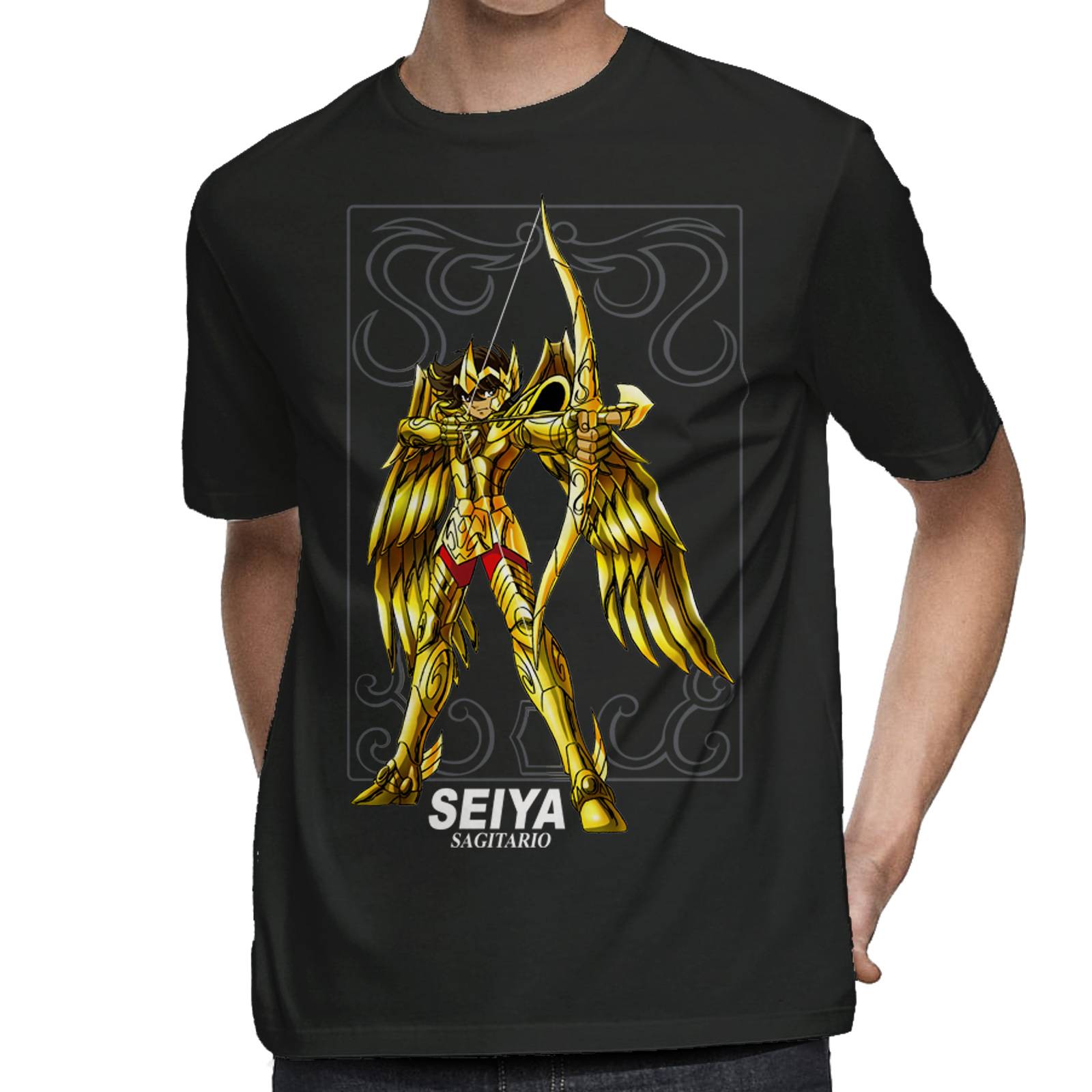 Playera para Hombre de Caballeros del Zodiaco, Seiya Sagitario, Negro, Talla G