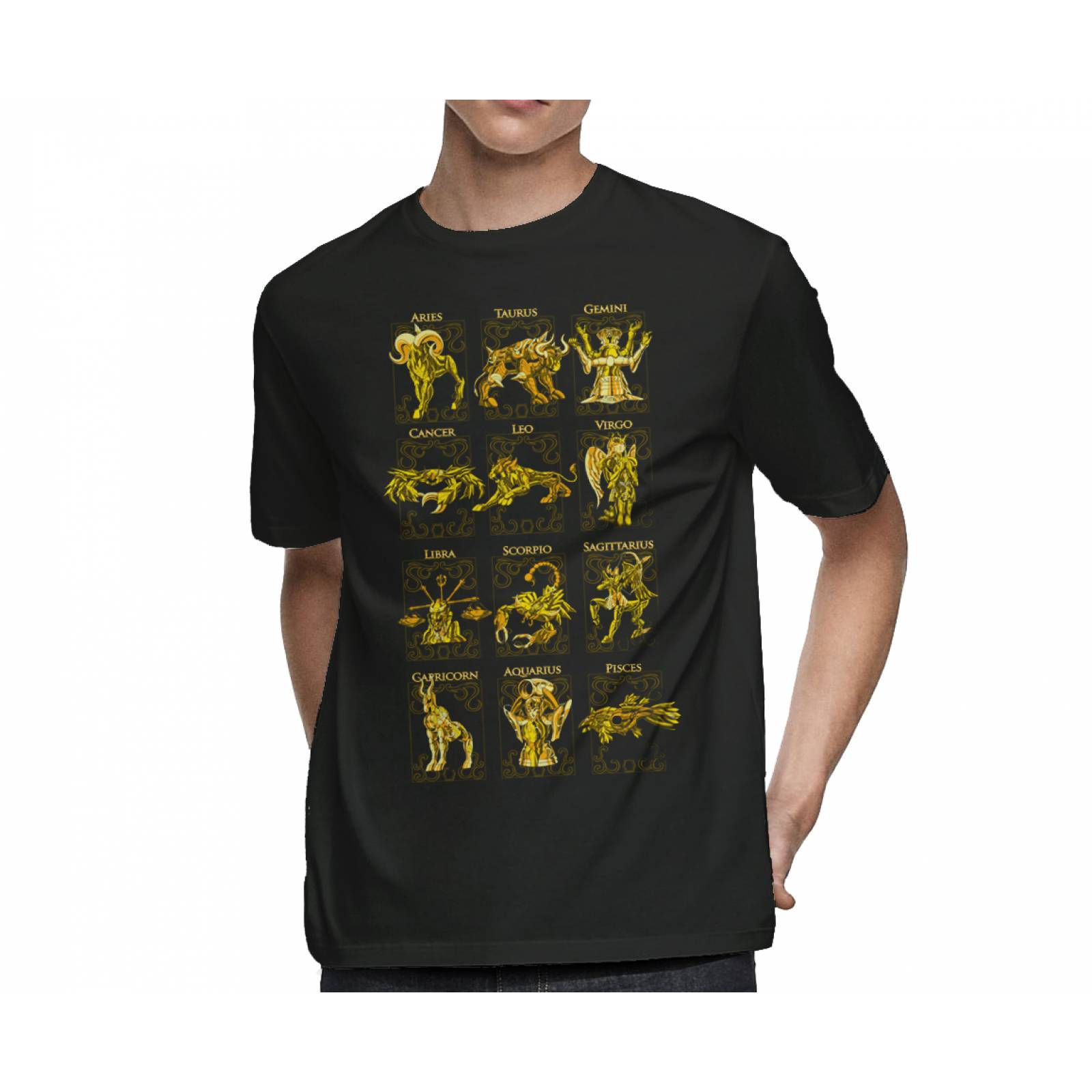 Playera para Hombre de Caballeros del Zodiaco, Signos del Zodiaco, Negro, Talla EG