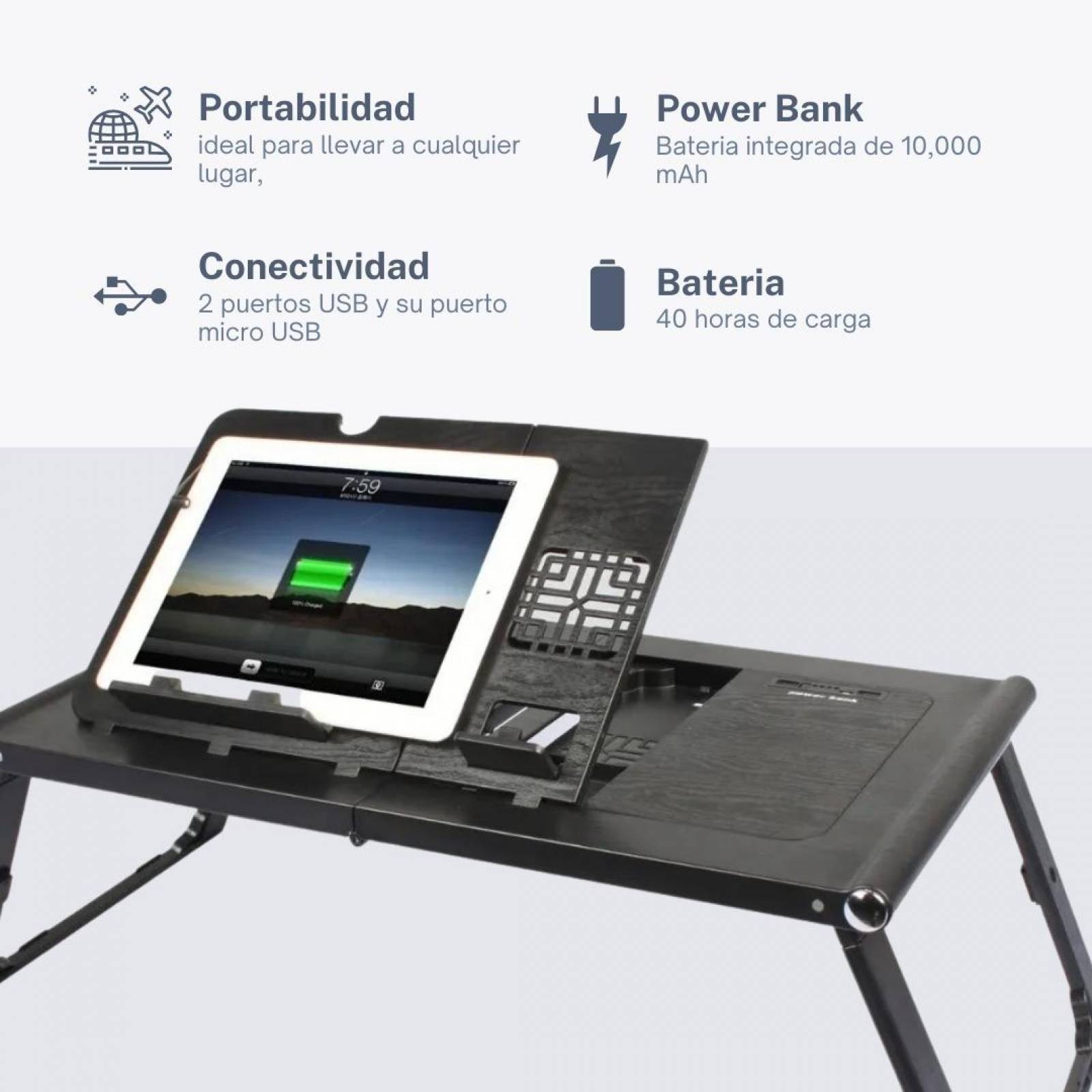 Mesa Plegable Para Tablet Laptop, Celular Con Power Bank Negro