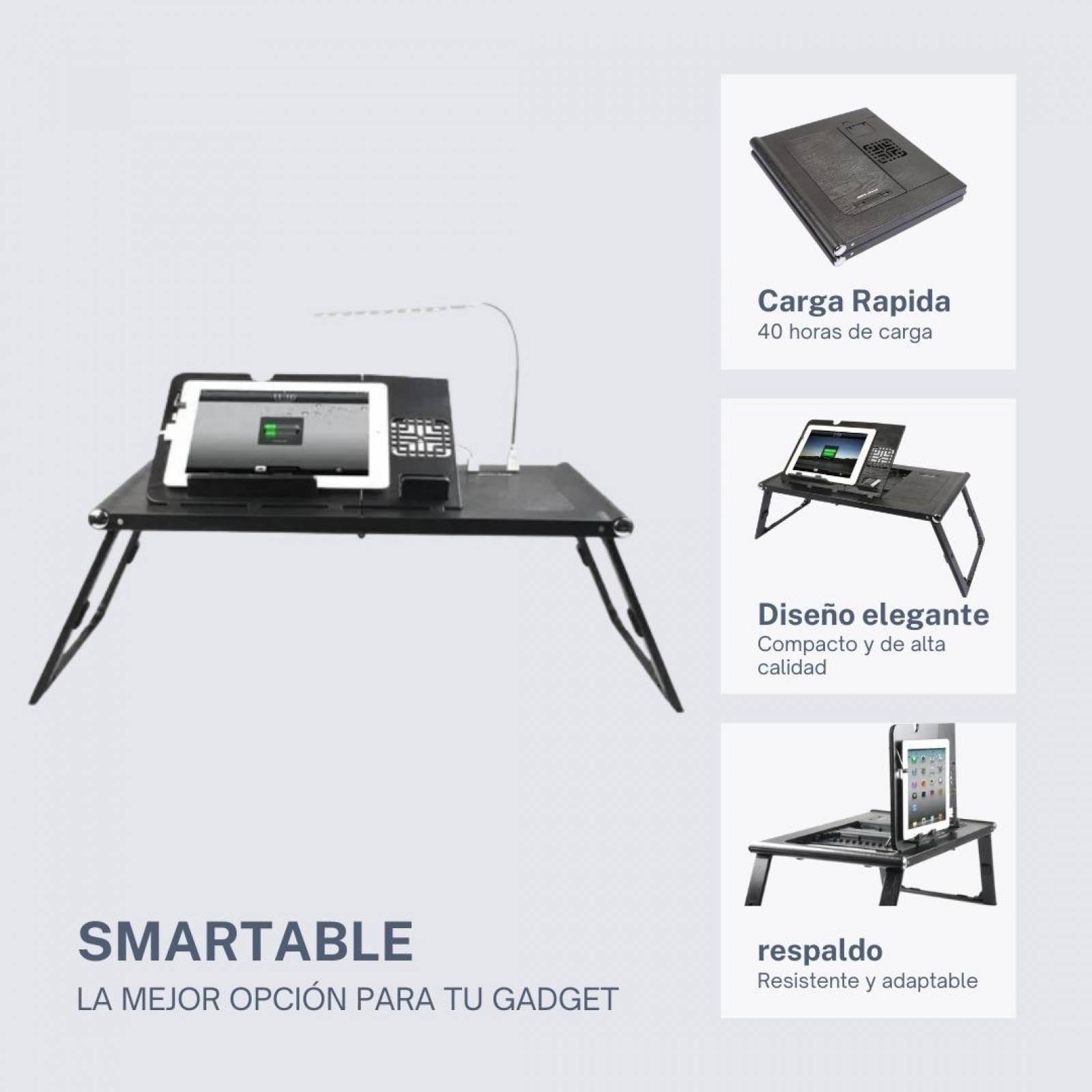 Mesa Plegable Para Tablet Laptop, Celular Con Power Bank Negro