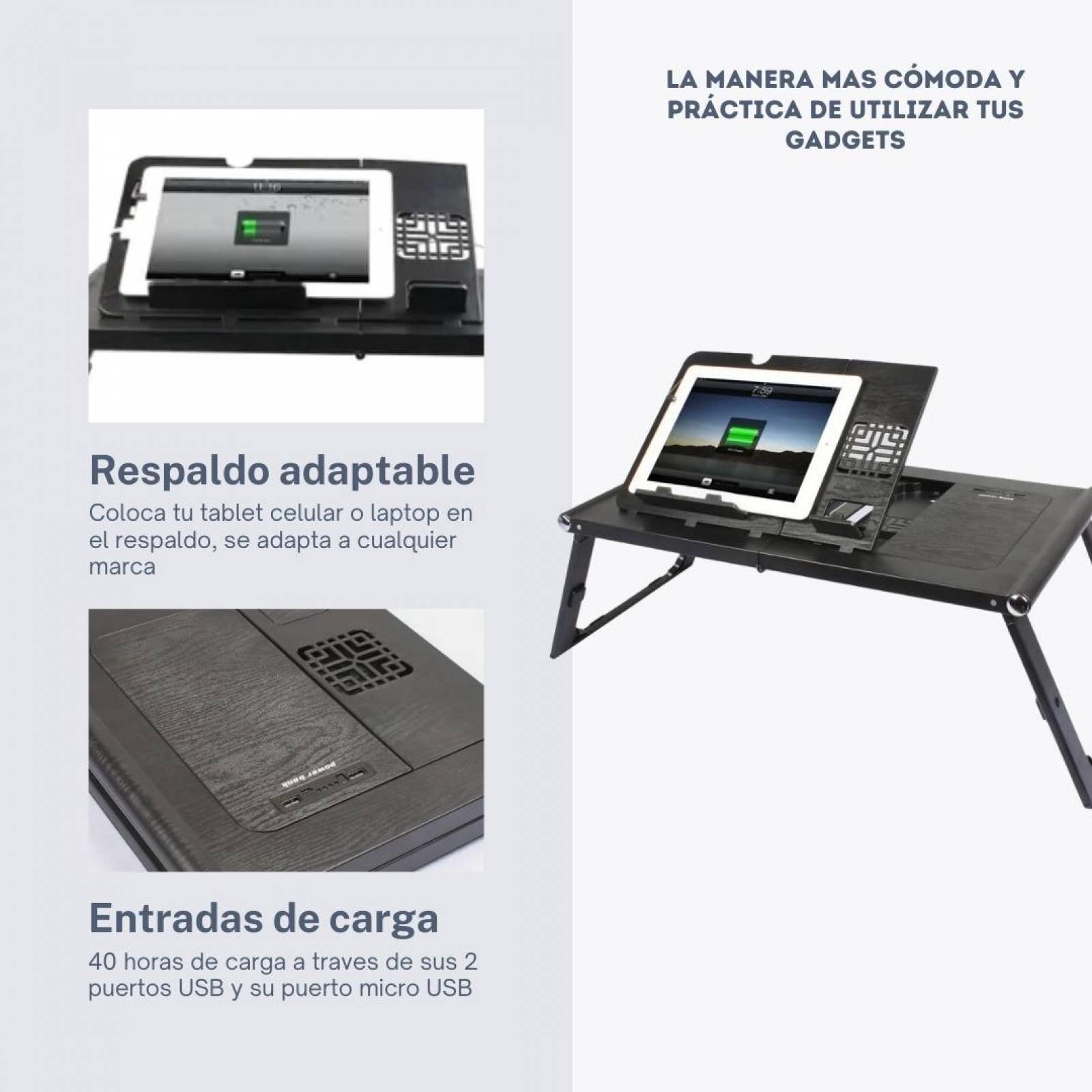 Mesa Plegable Para Tablet Laptop, Celular Con Power Bank Blanco