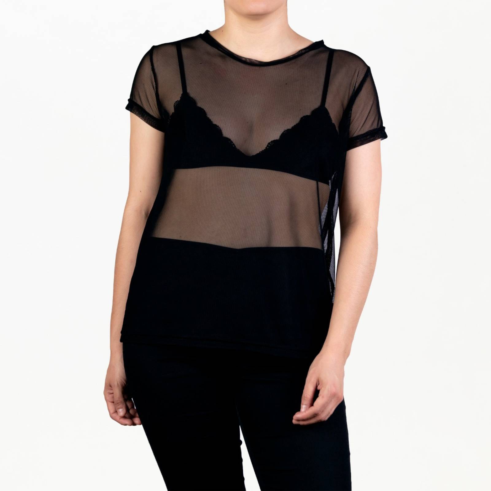 Blusa Negra Mesh Transparente Manga Corta De Moda Juvenil
