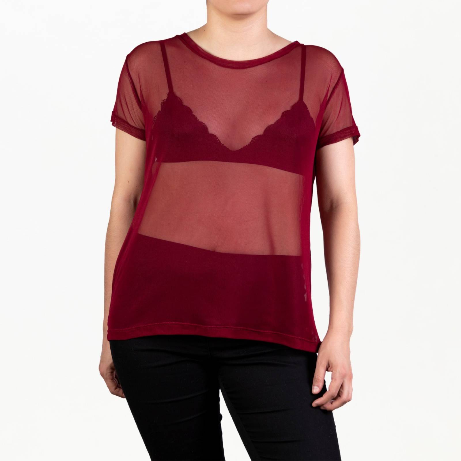 Blusa Vino Mesh Transparente Manga Corta De Moda Juvenil
