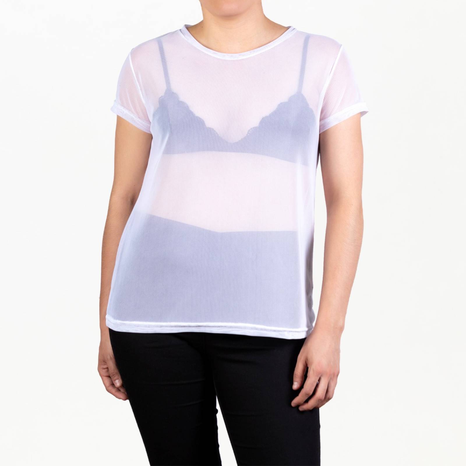 Blusa Blanca Mesh Transparente Manga Corta De Moda Juvenil