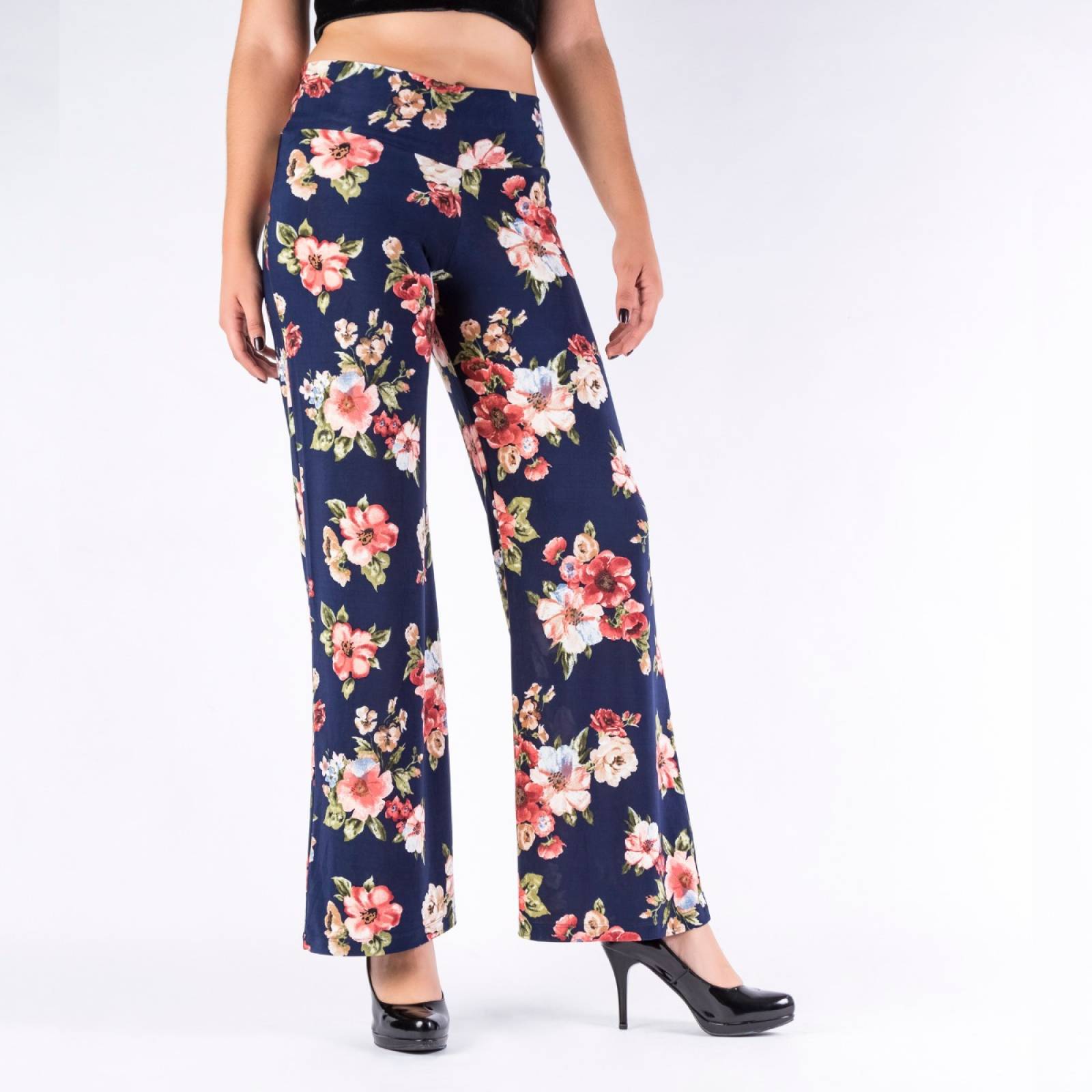 Pantalón De Moda Pata De Elefante Estampado Floreado Azul