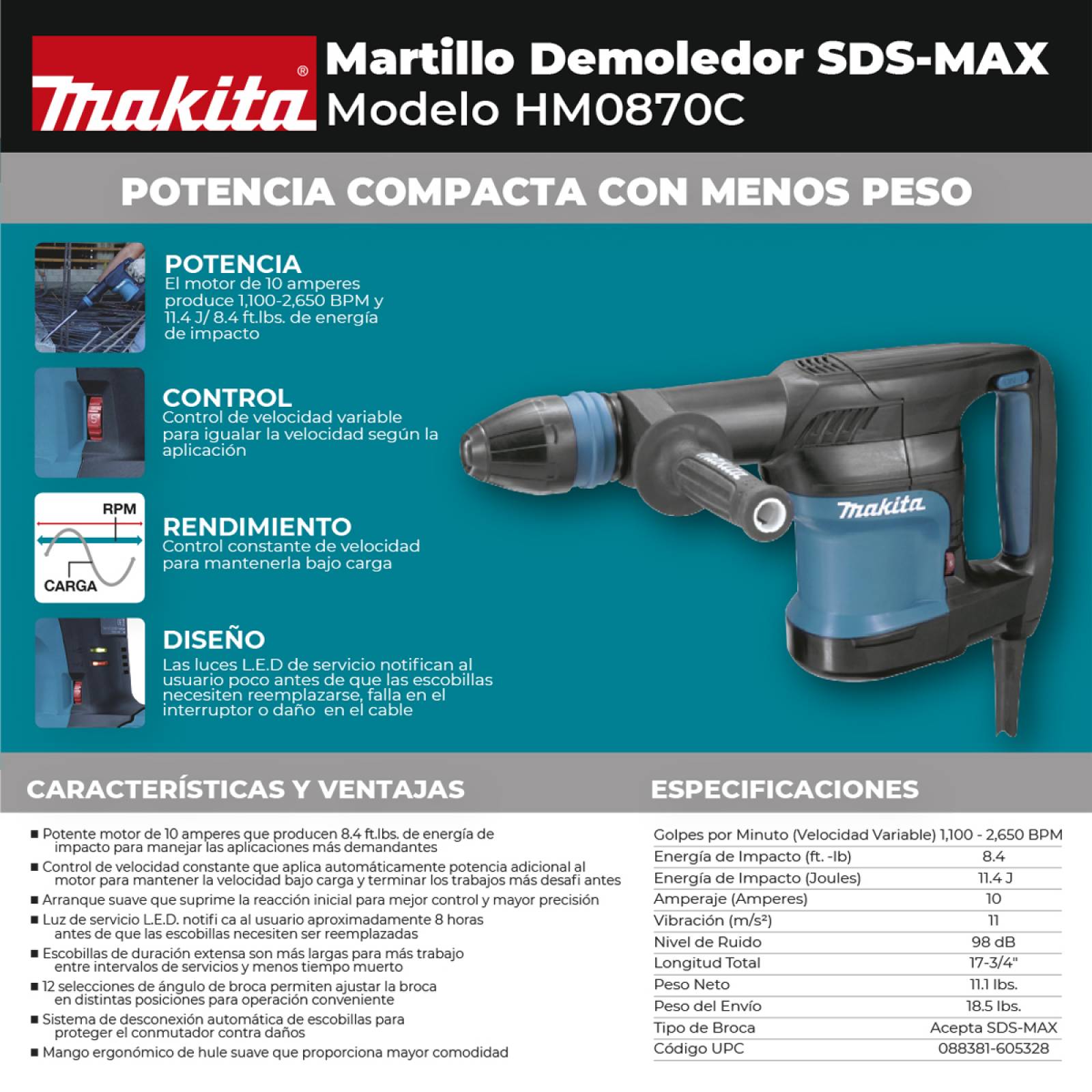 Martillo Demoledor Sds Max 12J 1100W 1100 265 Makita Hm0870C