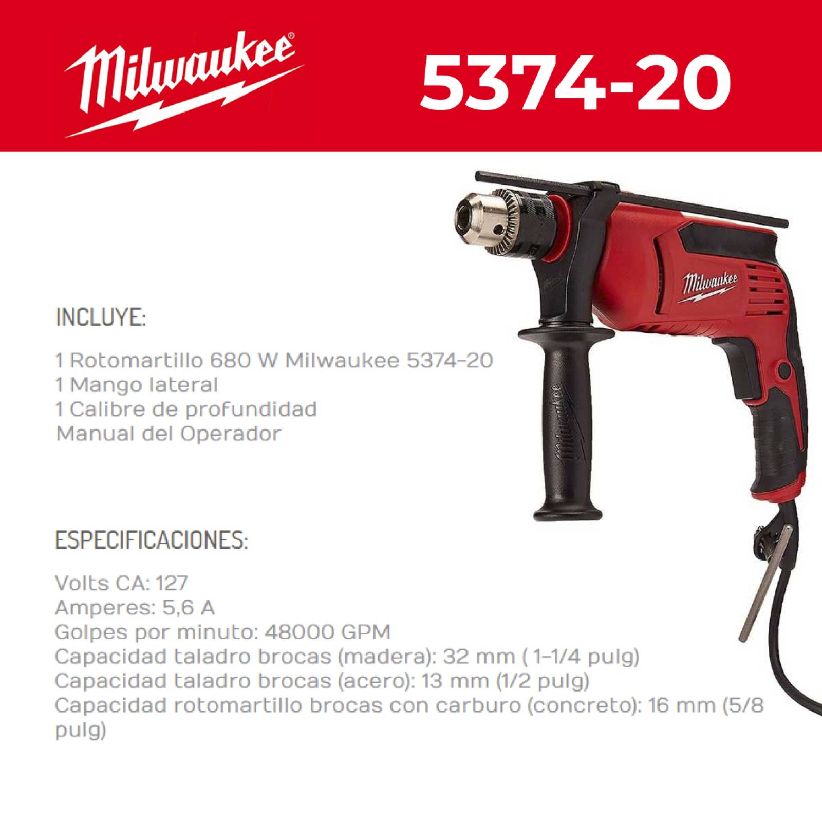 Rotomartillo 1 2 680W 0 3000Rpm 0 48000Gpm Milwaukee 5374 20