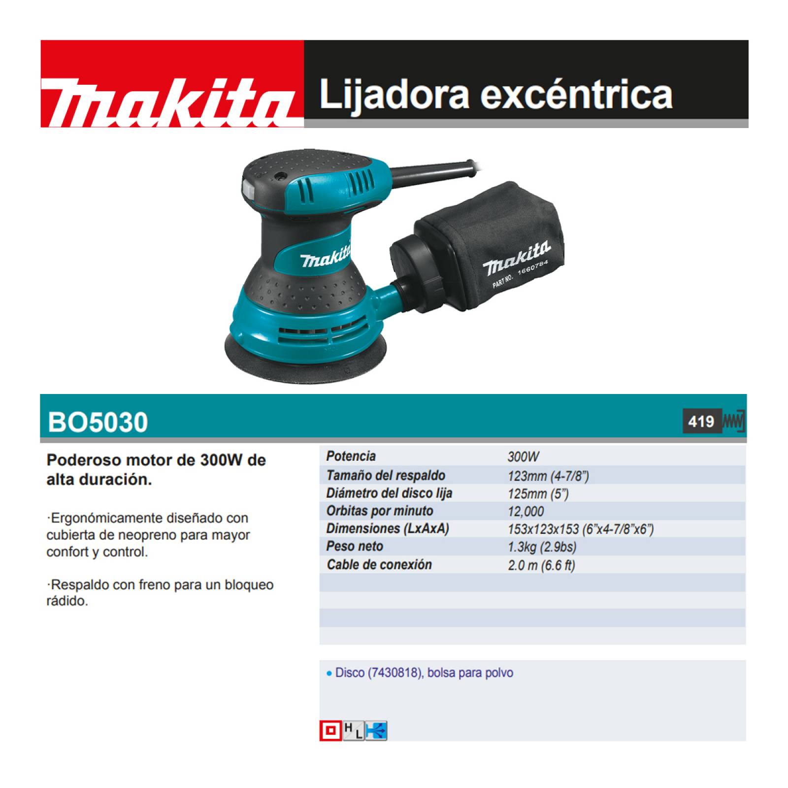 Lijadora Orbital 5 Exentrica 300W Makita Bo5030