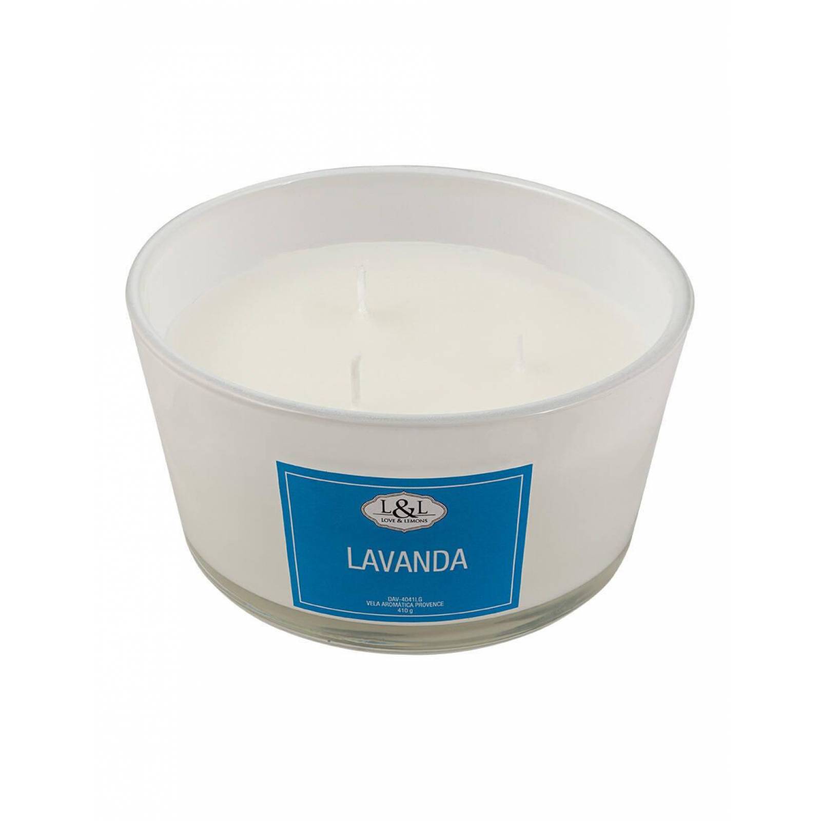Vela Aromática Provence Love & Lemons DAV-4041LG Lavanda en Tarro de Cristal Grande Blanco 410g 