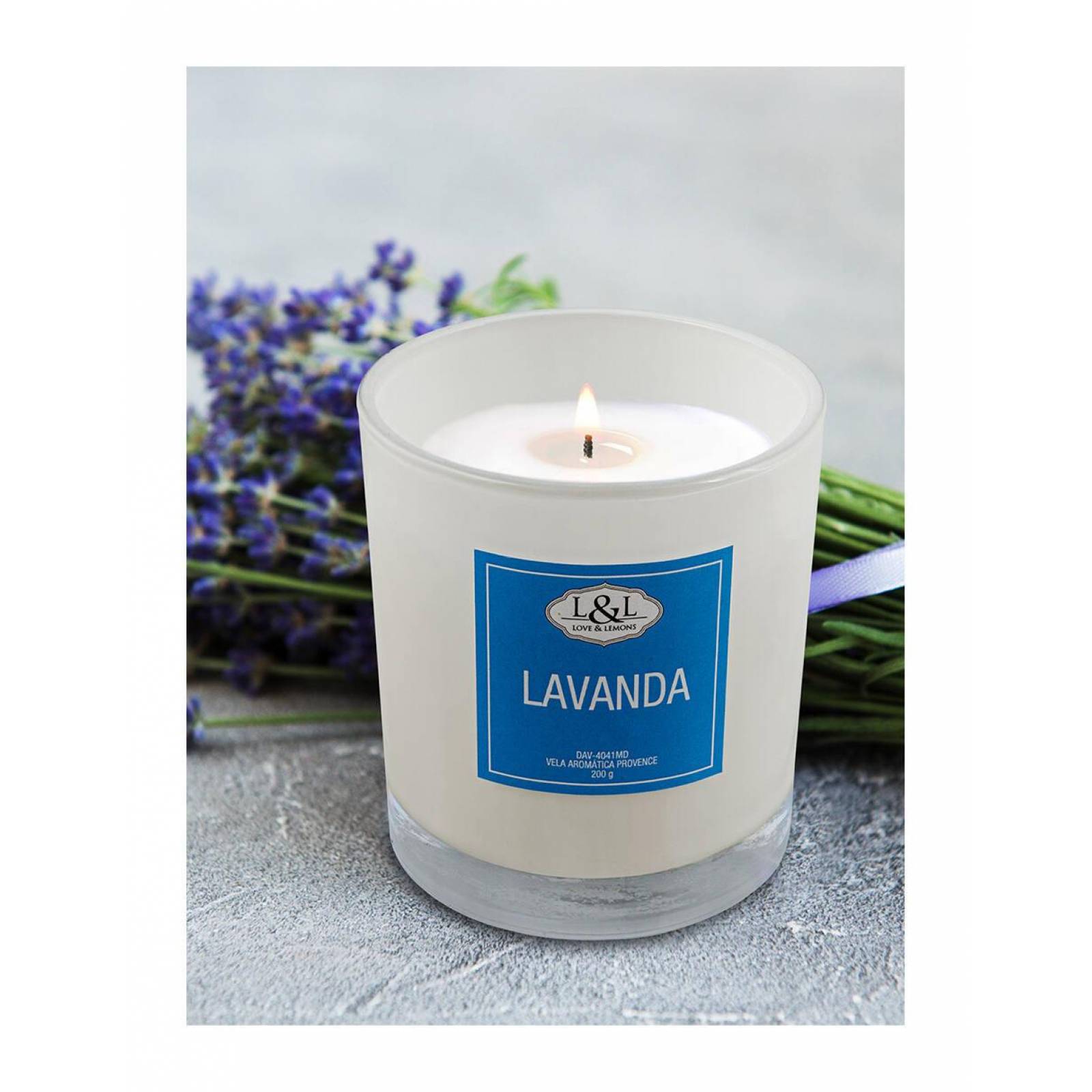 Vela Aromática Provence Love & Lemons DAV-4041MD Lavanda en Tarro de Cristal Blanco Mediana 200g 