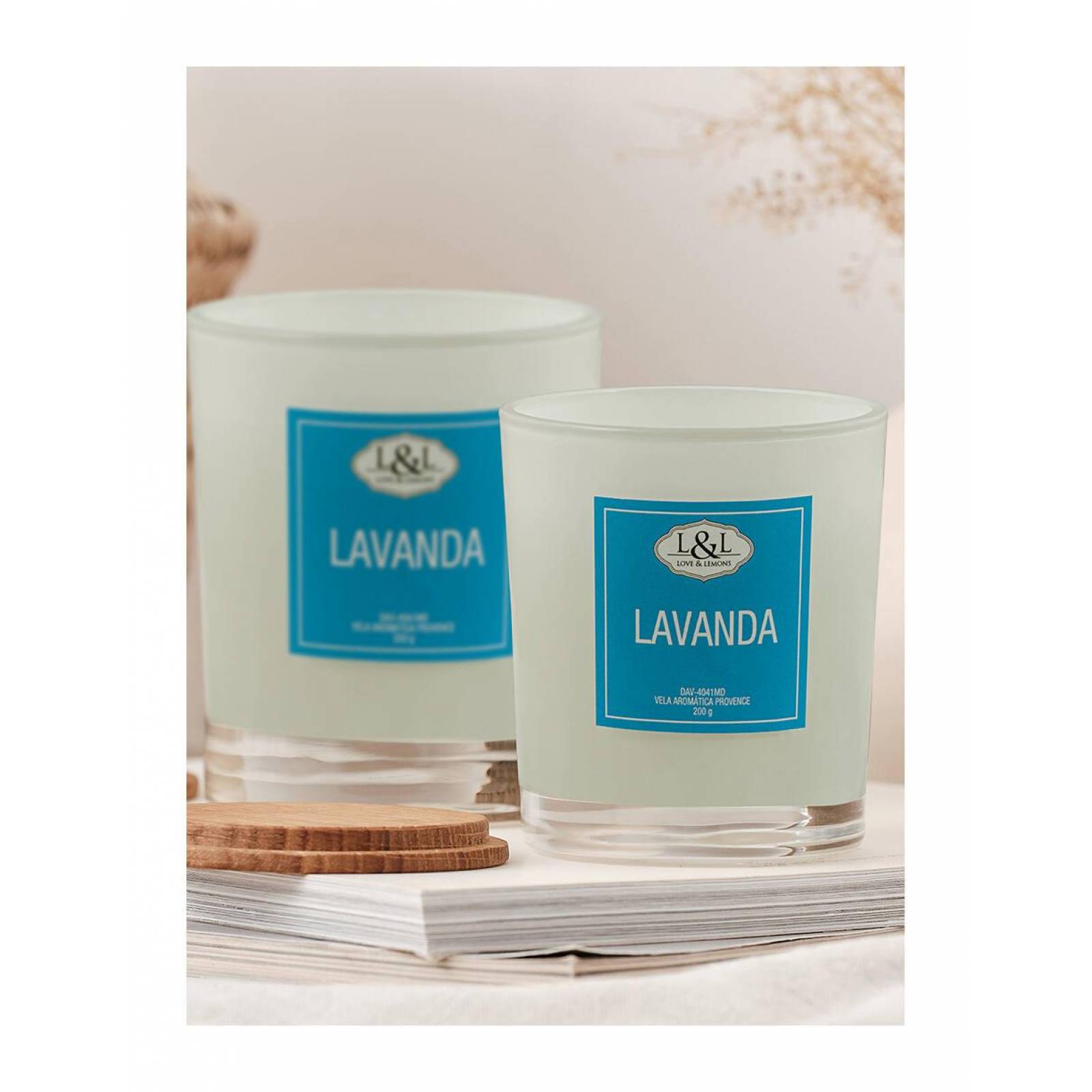 Vela Aromática Provence Love & Lemons DAV-4041MD Lavanda en Tarro de Cristal Blanco Mediana 200g 