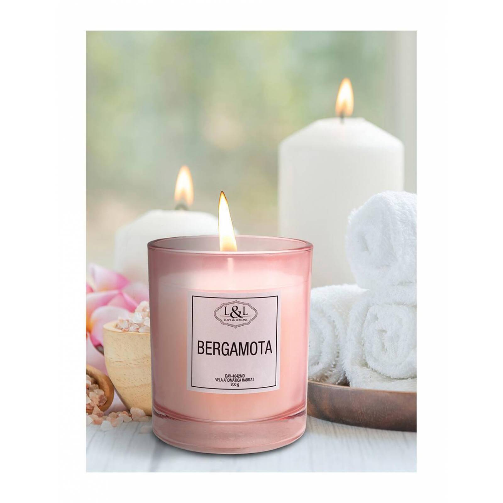 Vela Aromática Habitat Bergamota Love & Lemons DAV-4042MD en Tarro de Cristal Rosa Mediana 200g 