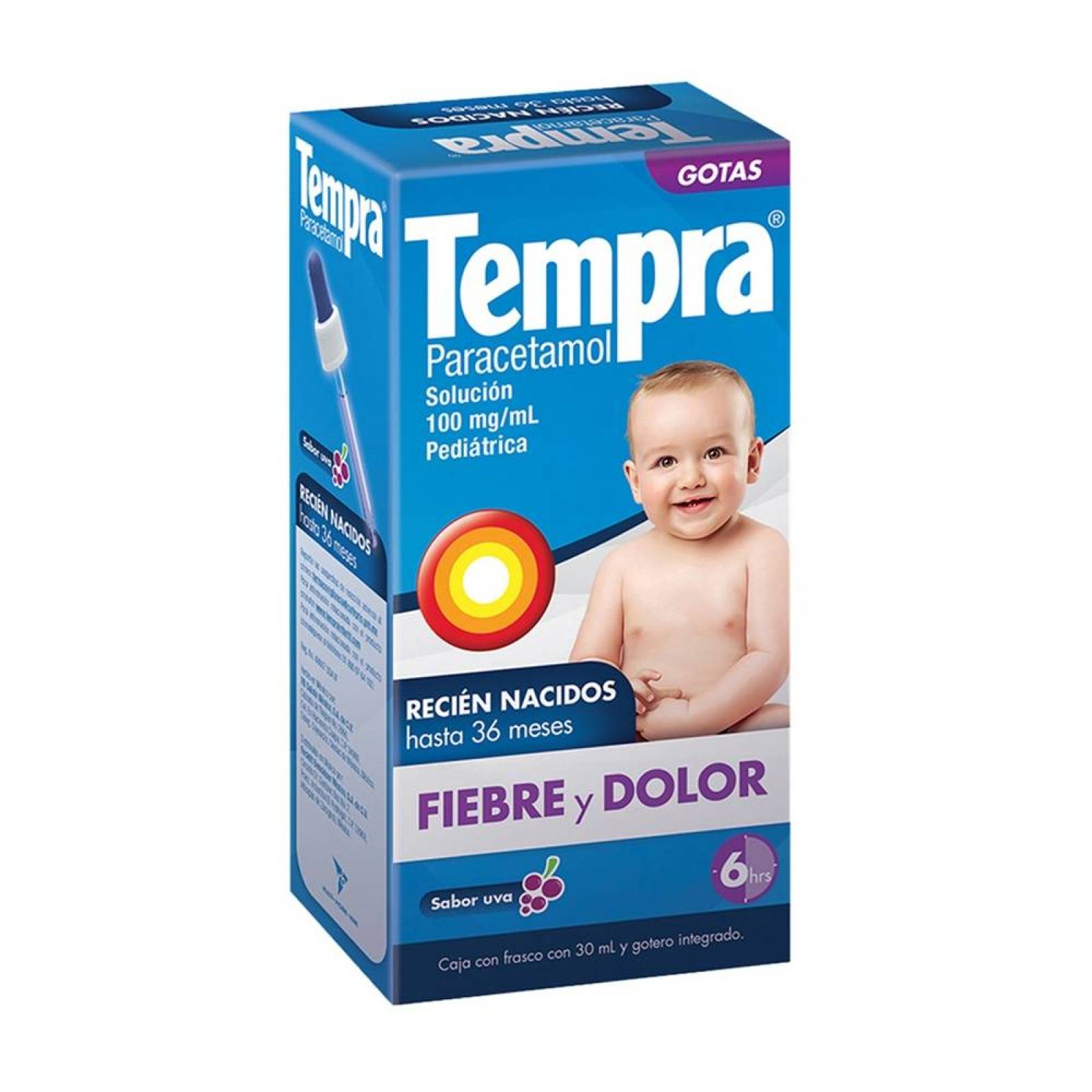 Tempra Paracetamol Solución 100 mg/ml Recién Nacido hasta 36 Meses sabor Uva frasco 30ml