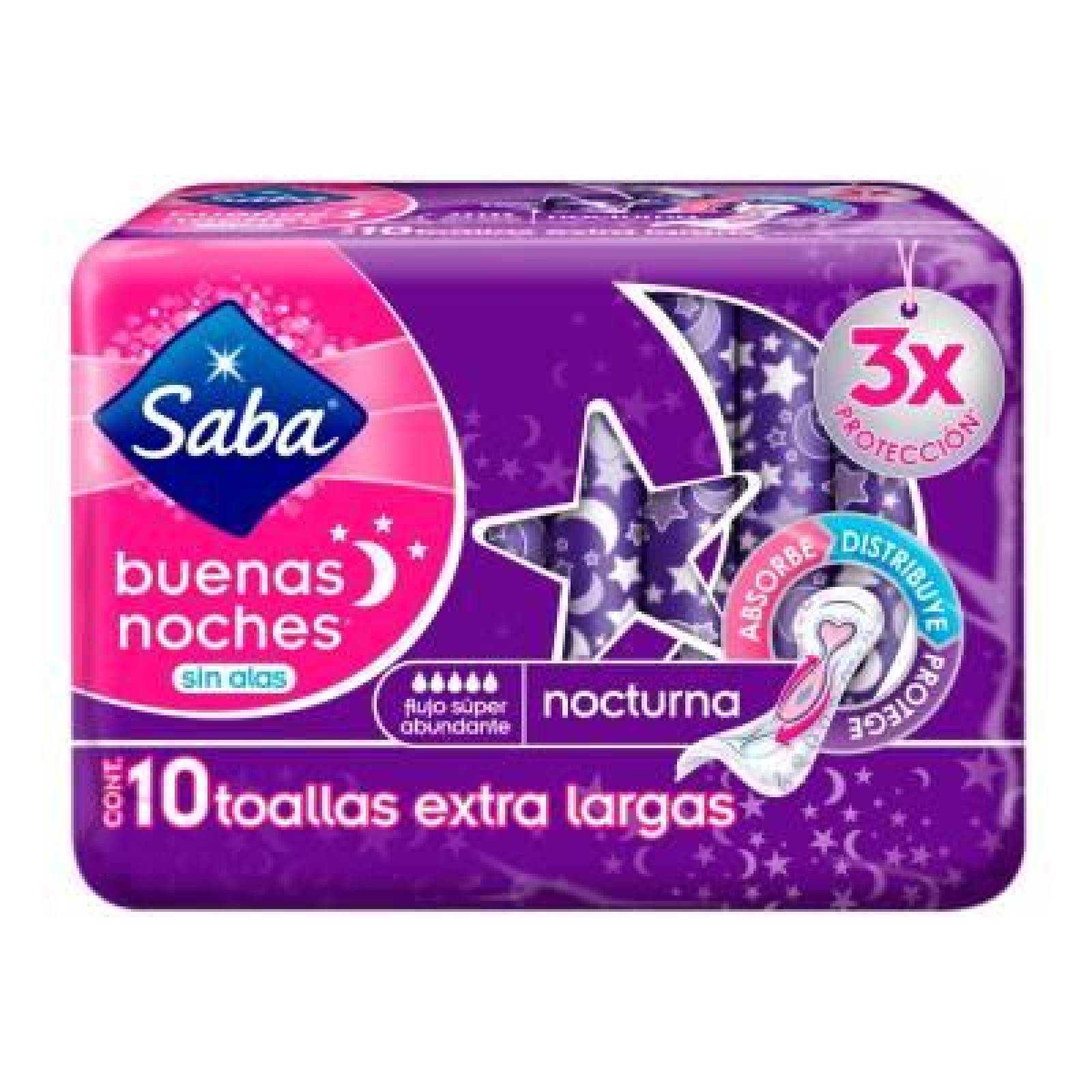 Saba Toallas Femeninas Nocturna Flujo Súper Abundante sin Alas paquete 10 piezas 