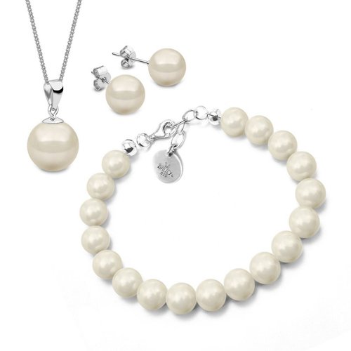 Collar, aretes y pulsera perlas de cristal Crema Plata .925 Joyería Zvezda