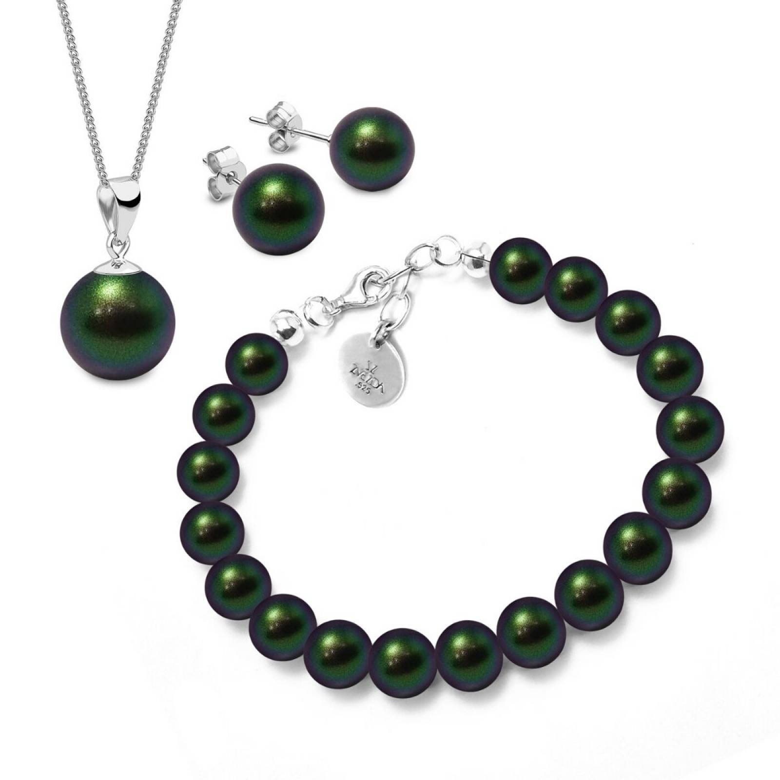 Set de collar, aretes y pulsera perlas de cristal Verde Plata .925 Joyería Zvezda