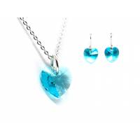Juego Zvezda, Swarovski Crystals, Corte Heart, Color Turquoise, Plata Mexicana .925