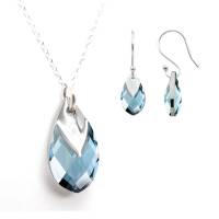 Juego Zvezda, Swarovski Crystals, Corte Pear Shaped Met-Cap, Color Aquamarine, Plata Mexicana .925