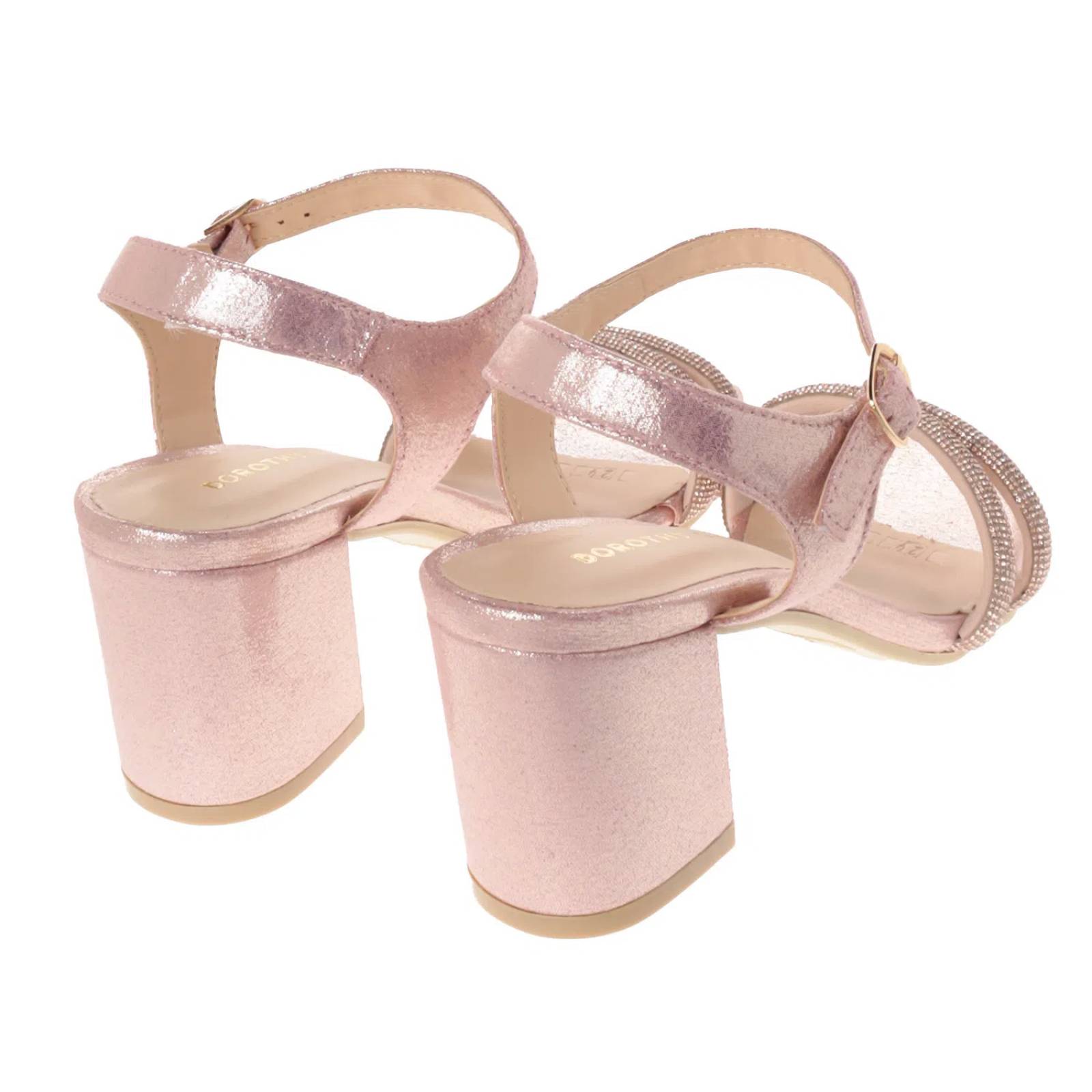 Sandalias Ariana color oro rosa con pedrería y tacón cuadrado