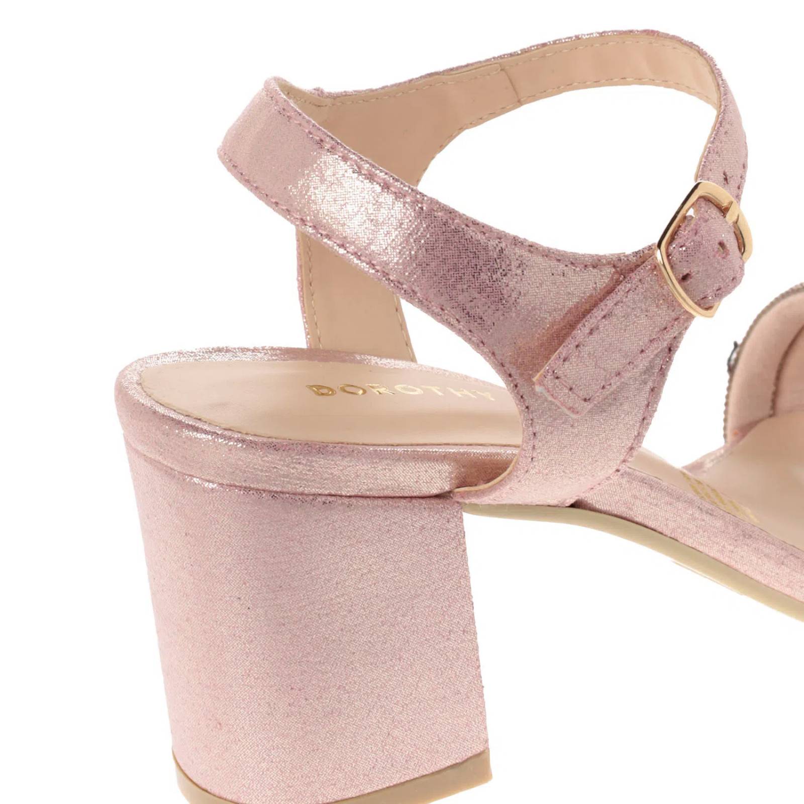 Sandalias Ariana color oro rosa con pedrería y tacón cuadrado