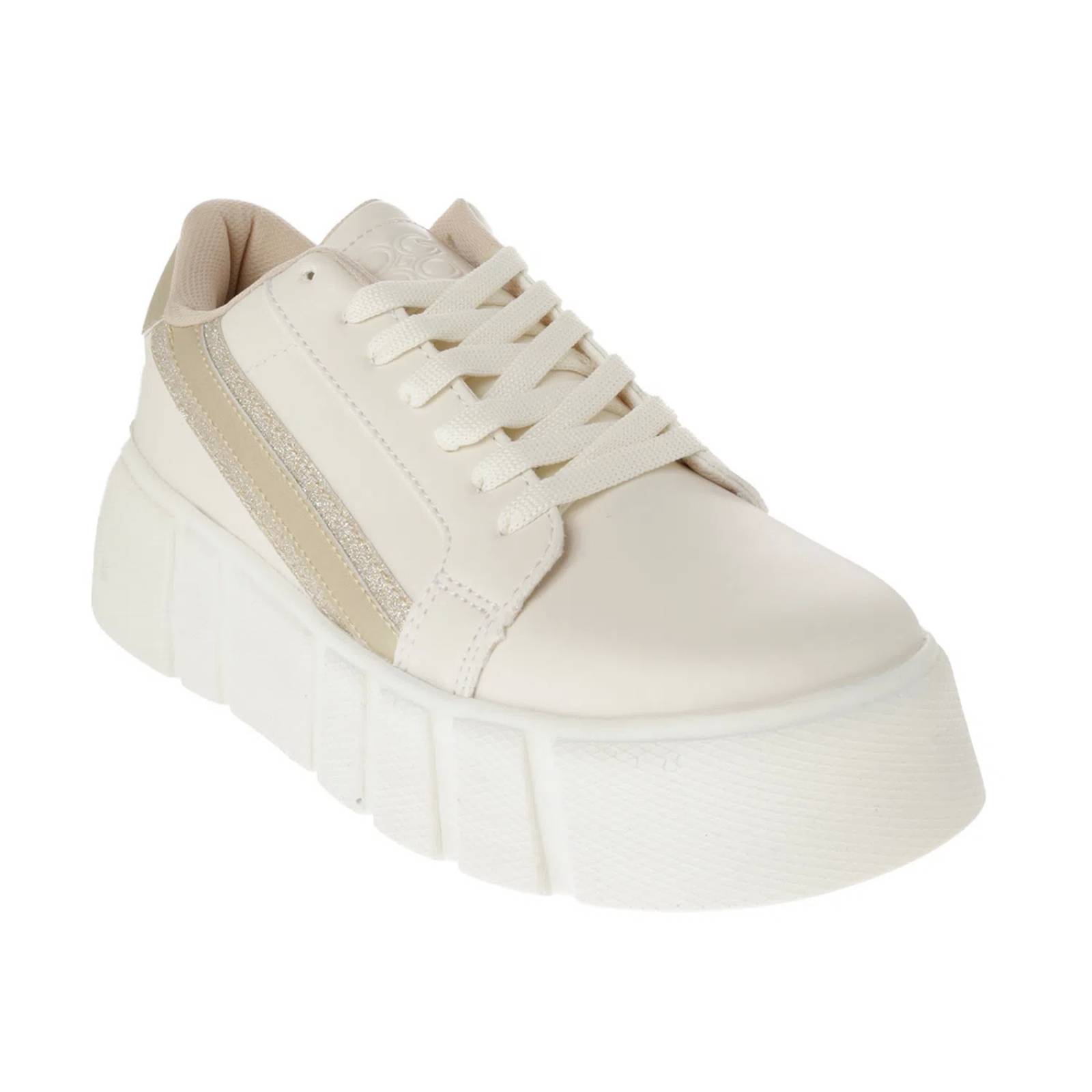 Tenis Rosalía color latte con detalles dorados y brillos