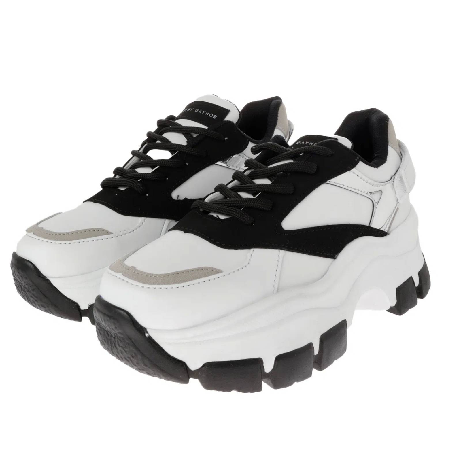 Tenis Rosalía color blanco chunky con detalle plata y negro