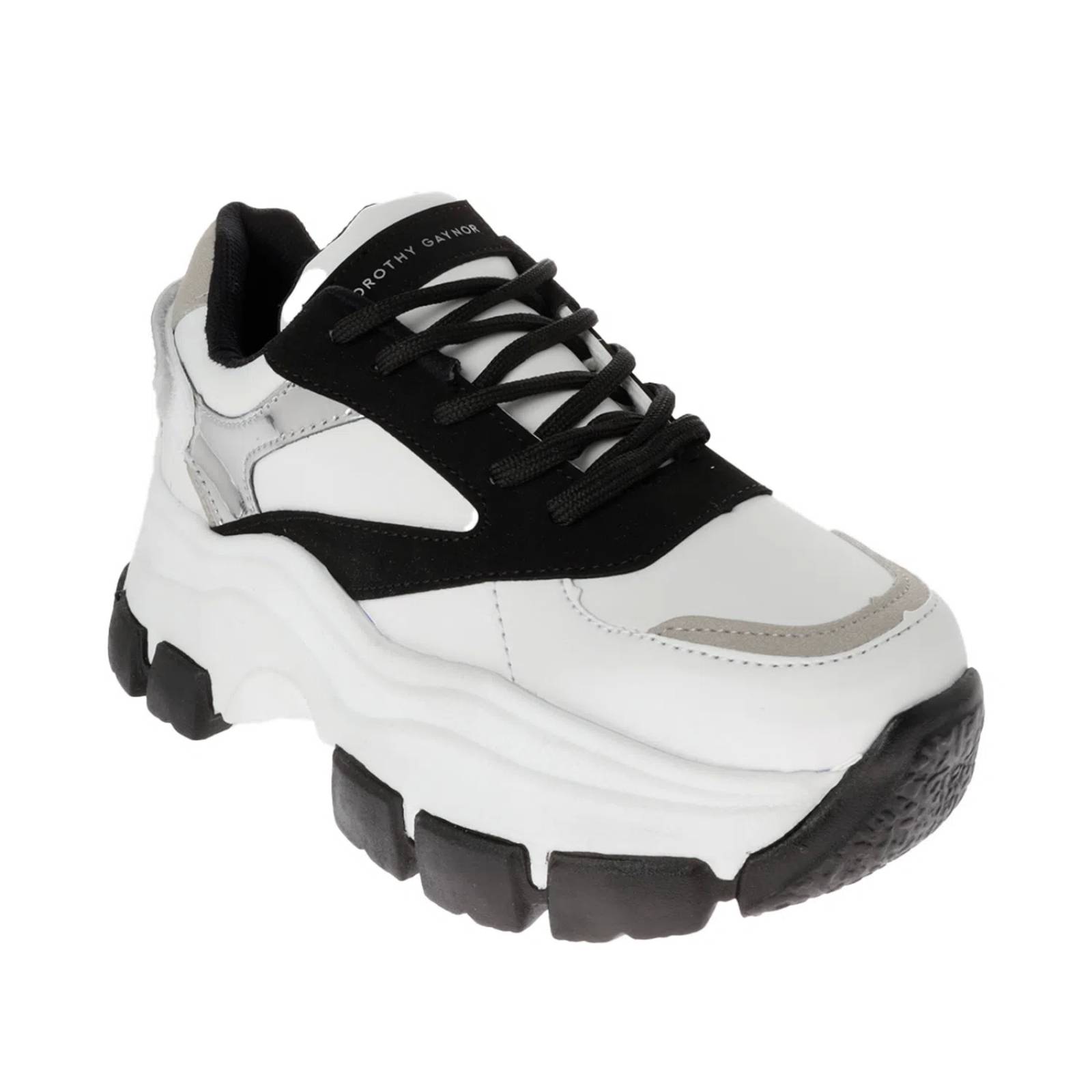 Tenis Rosalía color blanco chunky con detalle plata y negro