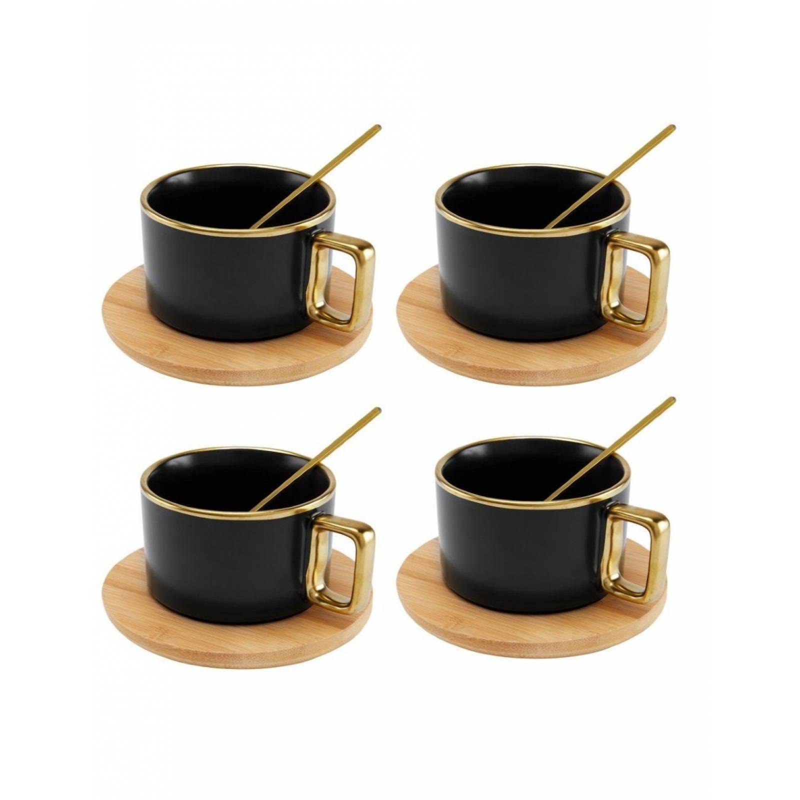 Juego De 4 Tazas De Ceramica Con Base Y Cuchara Negra