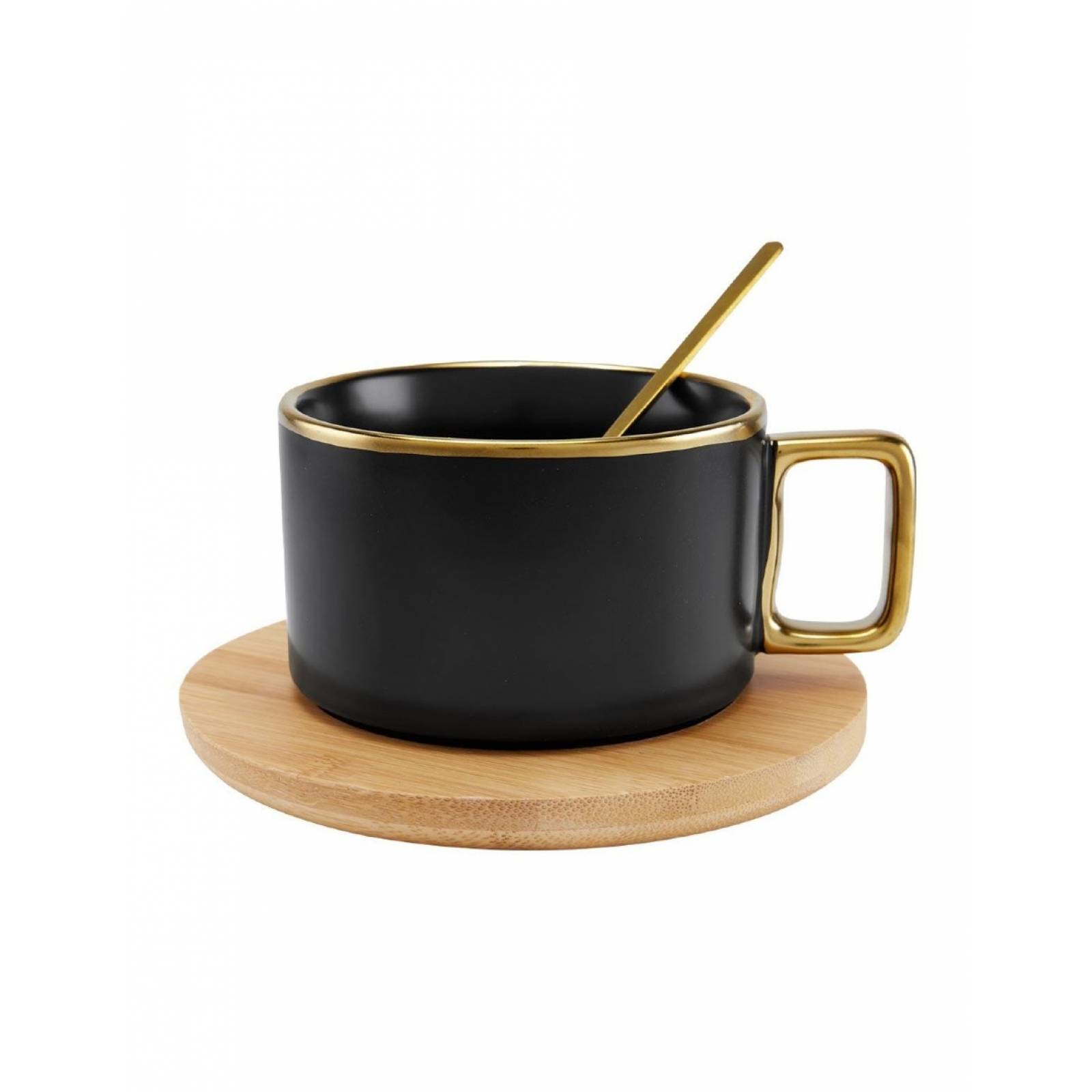 Juego De 4 Tazas De Ceramica Con Base Y Cuchara Negra