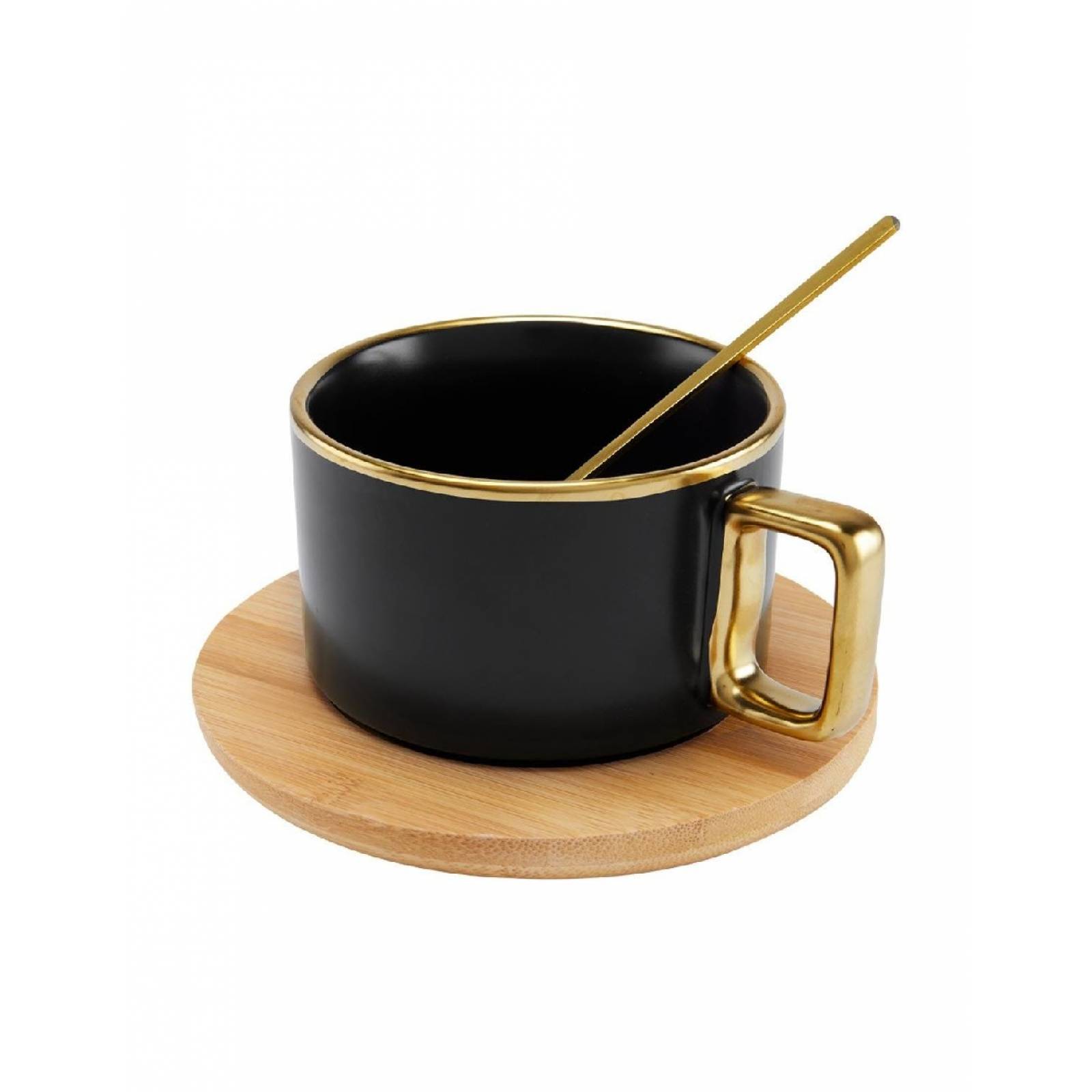 Juego De 4 Tazas De Ceramica Con Base Y Cuchara Negra