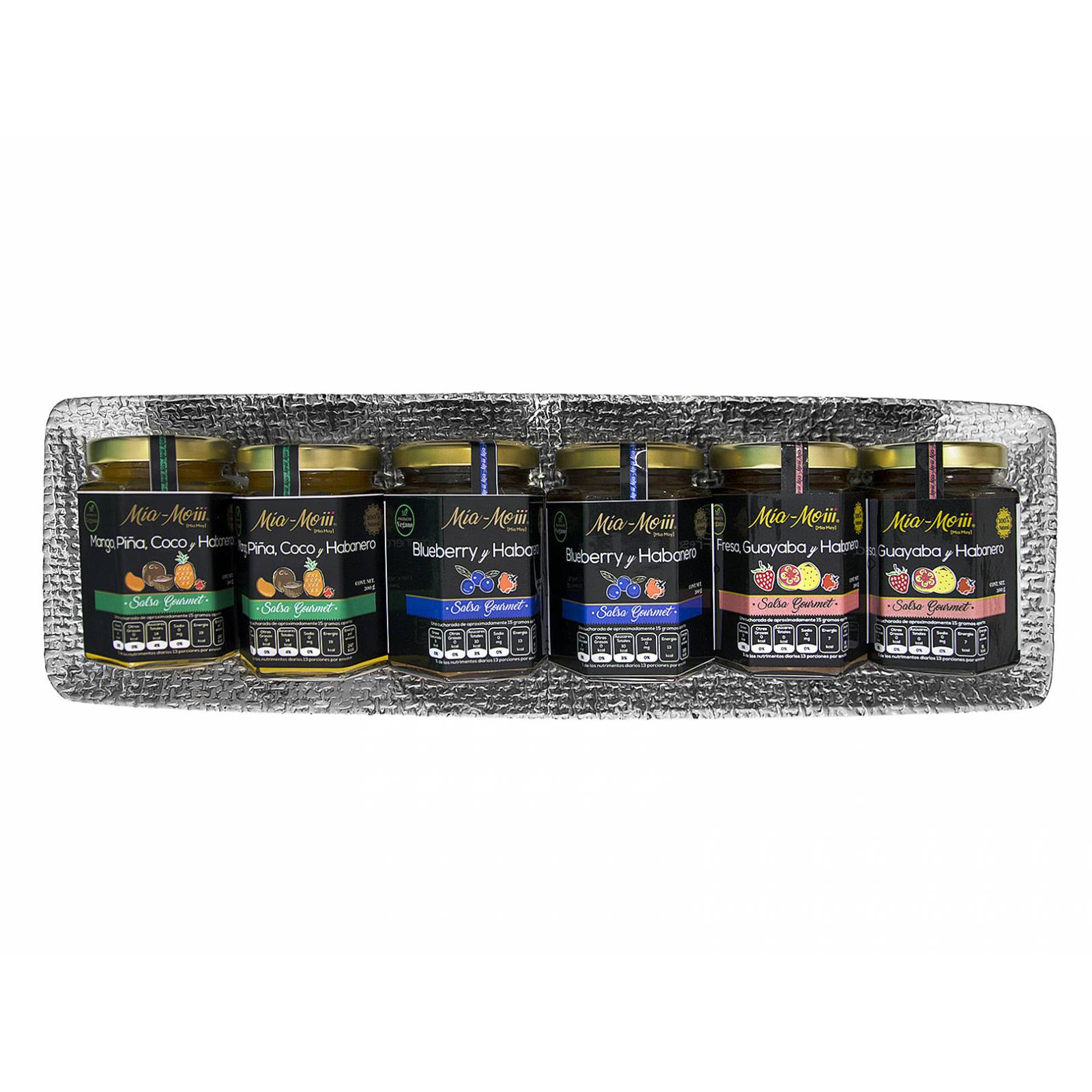 Set 28.  Salsas Frutales Gourmet Mía-Moiii  3x2 Sabores diferentes en una Charola de Pewter