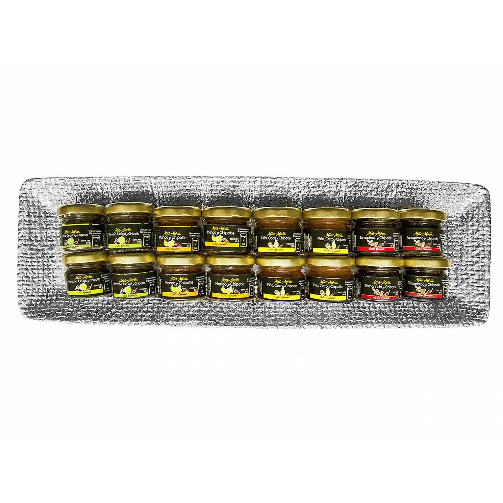 Set 34.  Salsas Frutales Gourmet Mía-Moiii  4x4 Minis Sabores diferentes en una Charola de Pewter