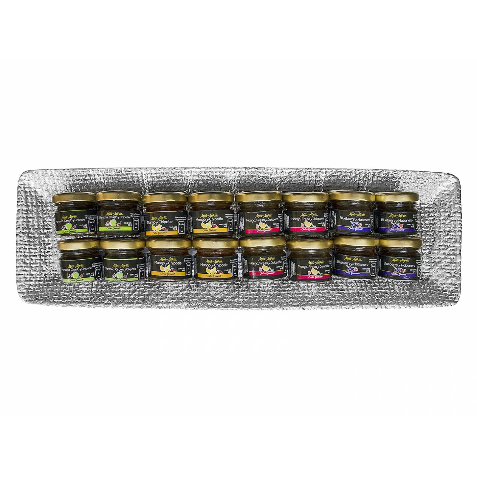 Set 39.  Salsas Frutales Gourmet Mía-Moiii  4x4 Minis Sabores diferentes en una Charola de Pewter