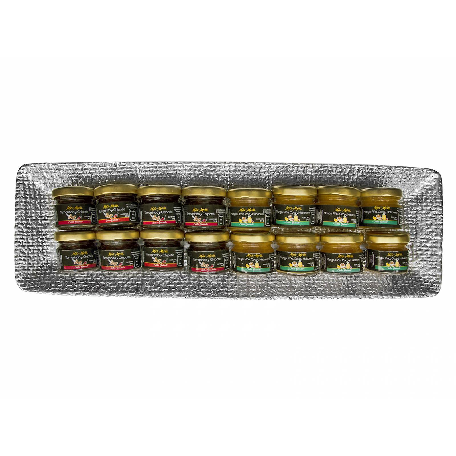 Set 41.  Salsas Frutales Gourmet Mía-Moiii  2x8 Minis Sabores diferentes en una Charola de Pewter