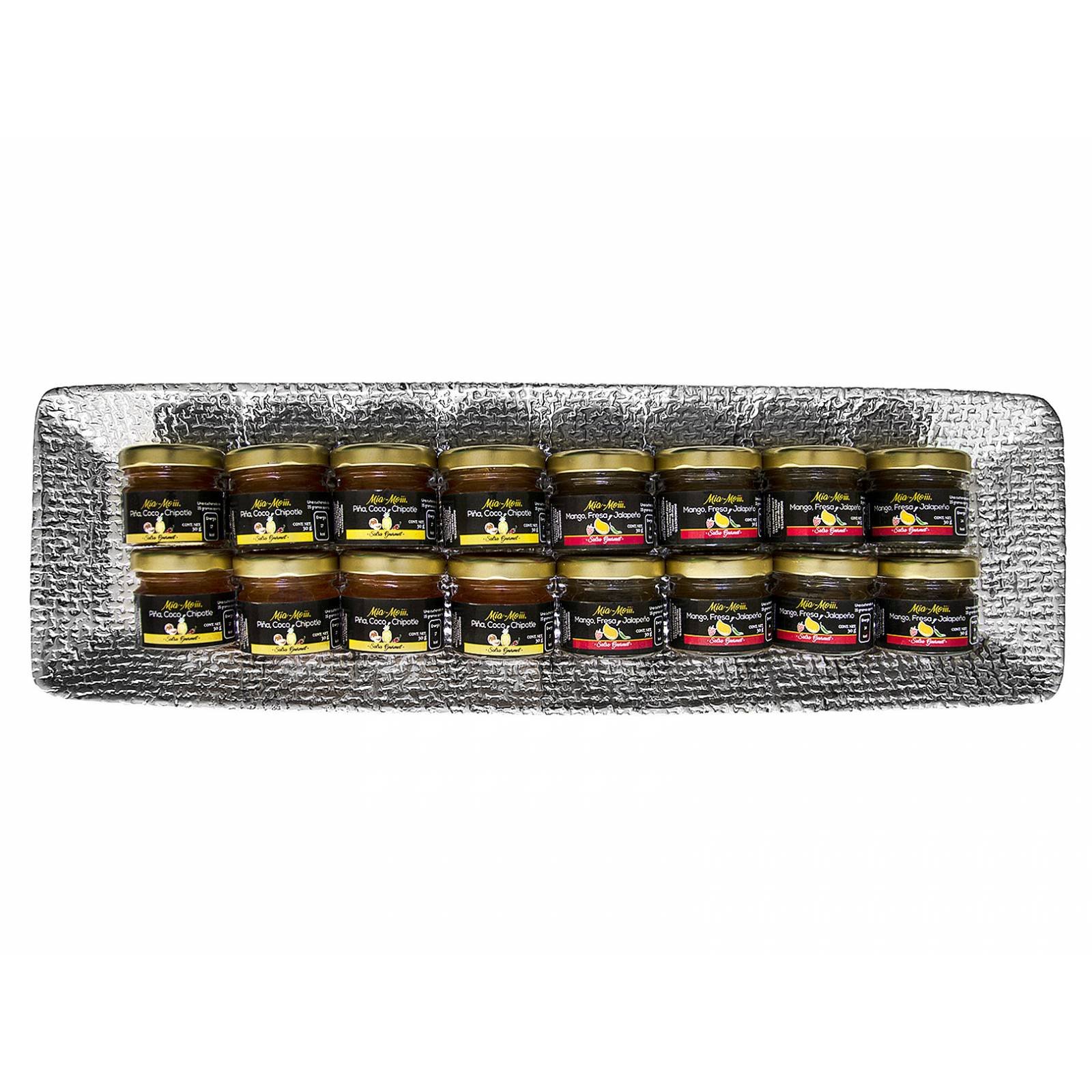 Set 42.  Salsas Frutales Gourmet Mía-Moiii  2x8 Minis Sabores diferentes en una Charola de Pewter