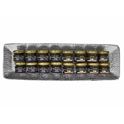 Set 43 . Salsas Frutales Gourmet Mía-Moiii  2x8 Minis Sabores diferentes en una Charola de Pewter