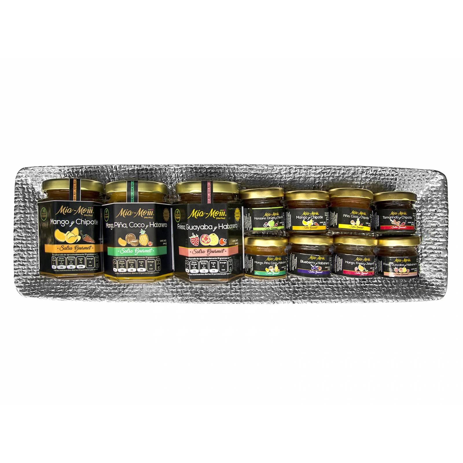 Set 50.  Salsas Frutales Gourmet Mía-Moiii  3 más 8 Minis Sabores diferentes en una Charola de Pewter