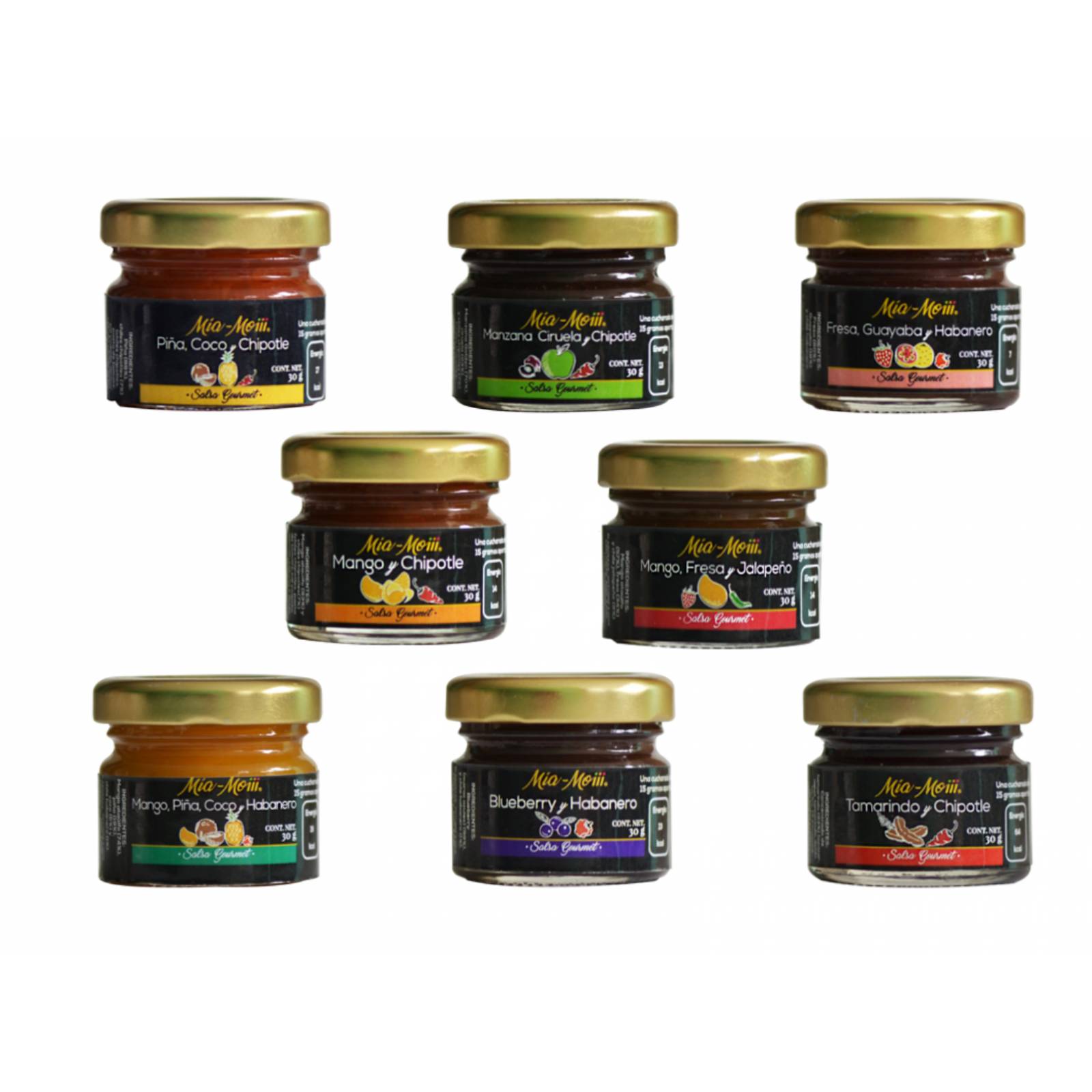 Set 50.  Salsas Frutales Gourmet Mía-Moiii  3 más 8 Minis Sabores diferentes en una Charola de Pewter