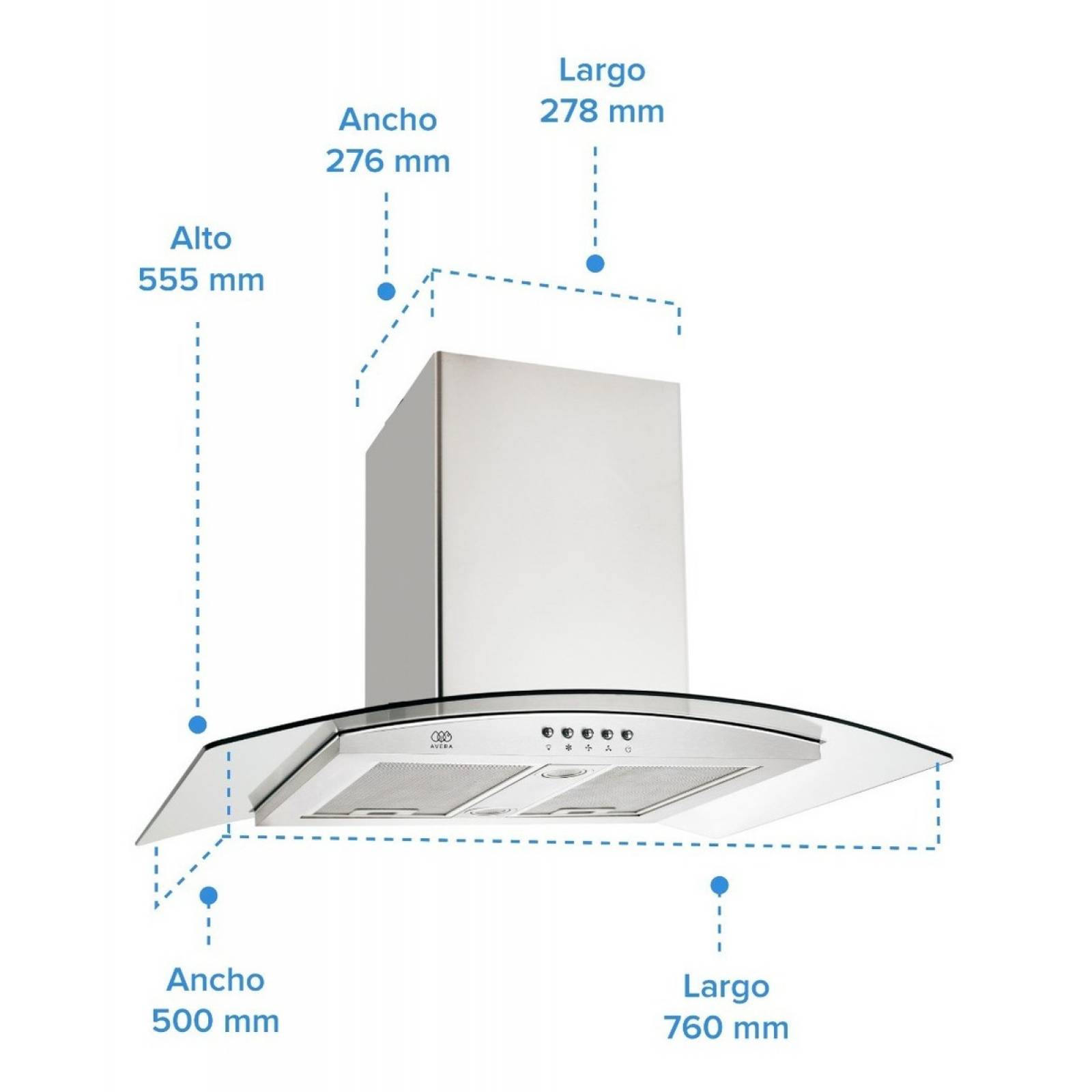 AVERA Campana Extractora O Purificadora Para Cocina De Isla 76 CM Cristal Templado Y Acero Inoxidable CEVD90C